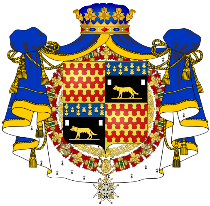 Coat of arms with blue and gold crown, red and gold shield, wolf symbols, blue drapery, and ornate decorations.