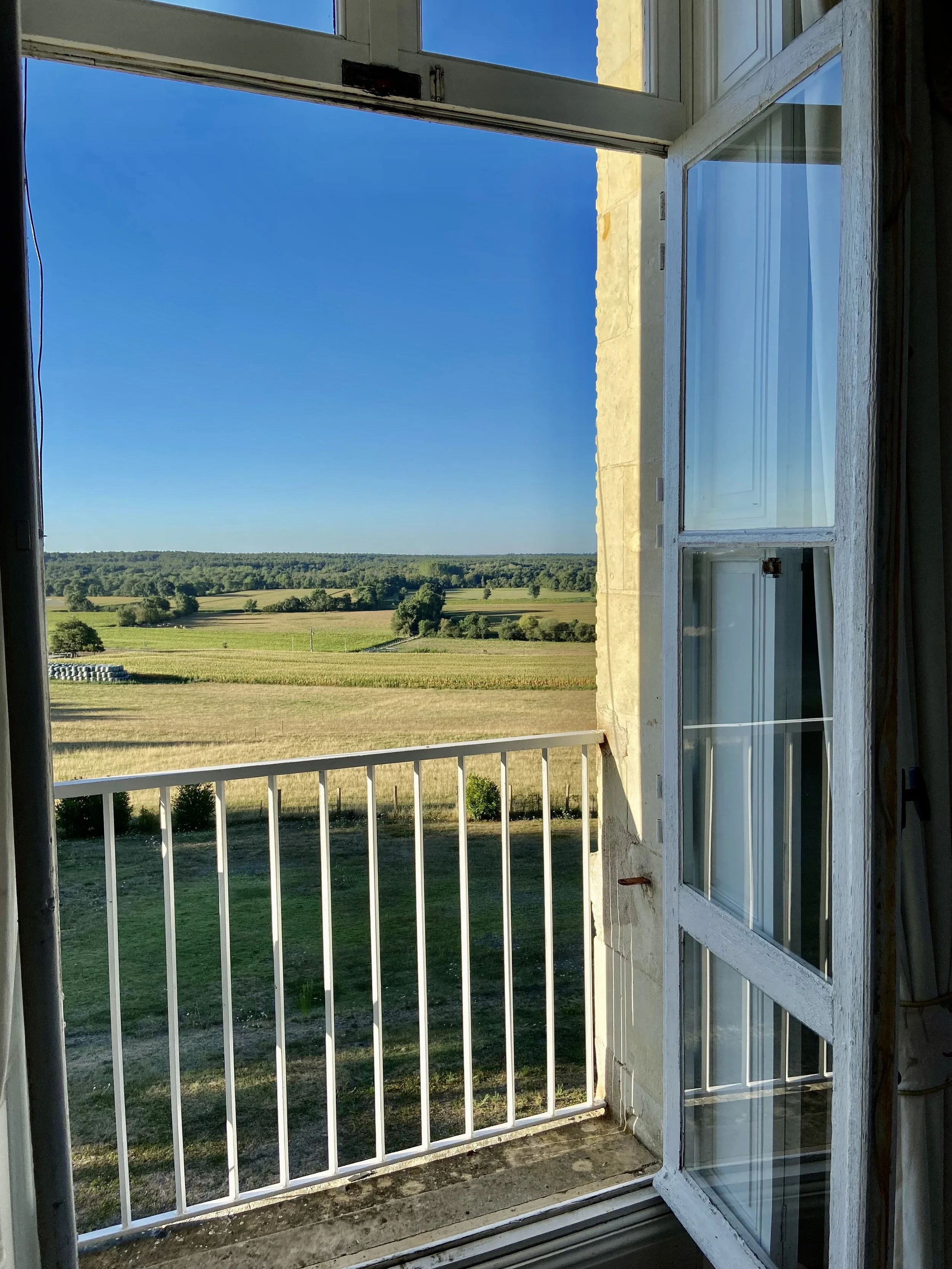 Open window with white railing overlooking green fields and trees under a blue sky.