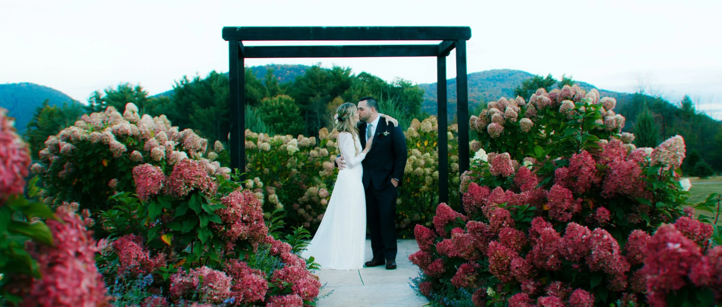 A bride and groom sharing a kiss under a black wooden arch, surrounded by pink and white hydrangea bushes outdoors with green trees and mountains in the background.