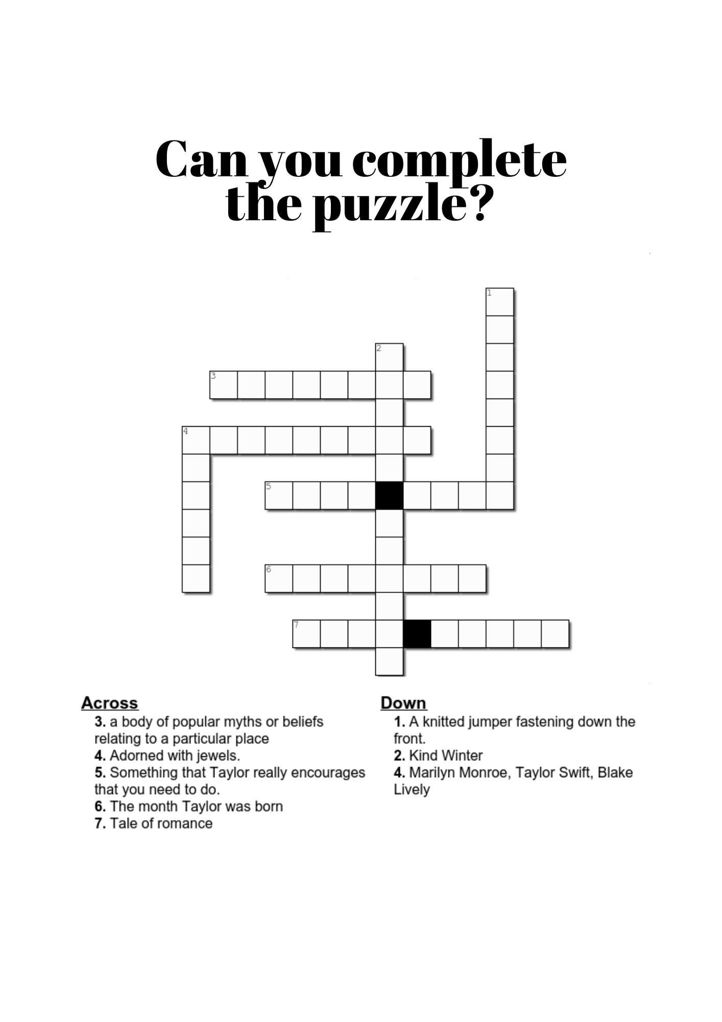 Taylor Swift Crosswords — Weeno Social Party Planning Made Easy