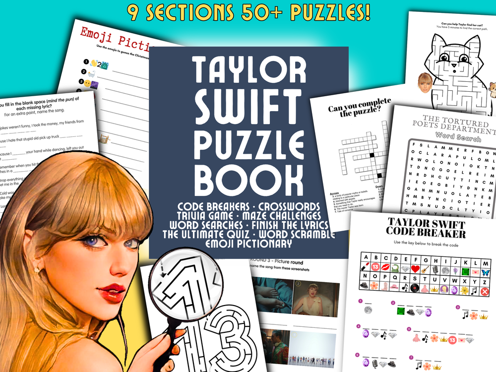 taylor swift puzzle book cover image, photos of what puzzles to expect and a cartoon image of taylor swift as a detective.