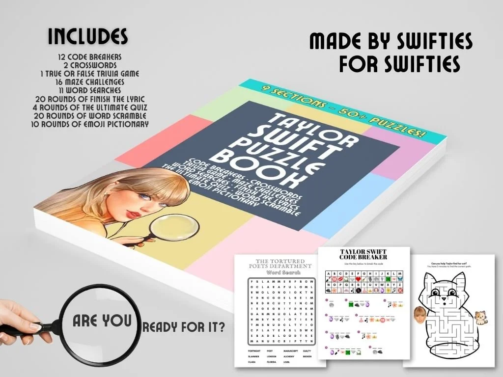 Mockup showing what the physical book looks like and a POS on how its good for any swiftie