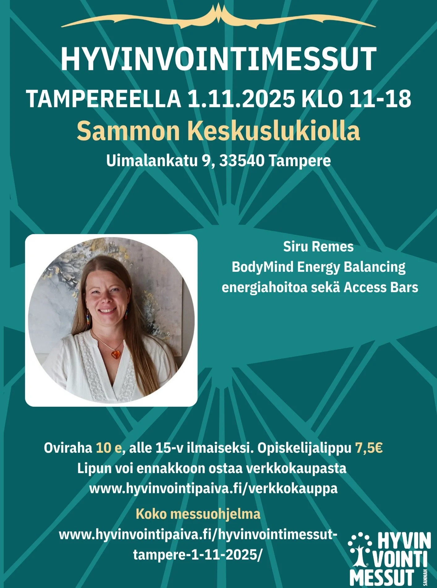 🌿 Olemme mukana Hyvinvointimessuilla Tampereella 1.11.2025! 🌿
Tule Sammon Keskuslukiolle kokemaan kokonaisvaltaista hyvää oloa päästä varpaisiin 💫
Messuilla on luvassa inspiroivia luentoja, kiinnostavia yrittäjiä