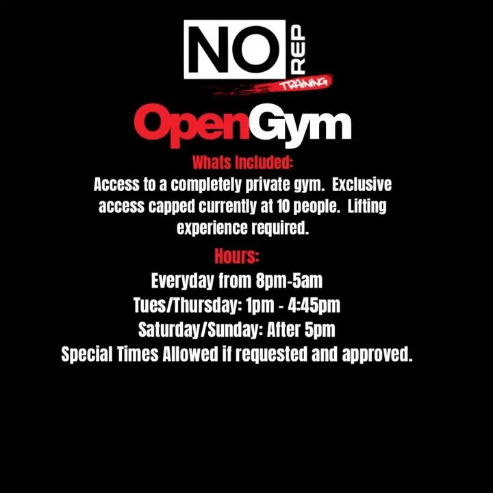 🔥It’s finally here🔥
I have decided to open the doors for a few open gym clients at No Rep Training!
How it works:
Contact me.
We have a little interview so I gauge your seriousness about using the space.
The times are limited, but the spa