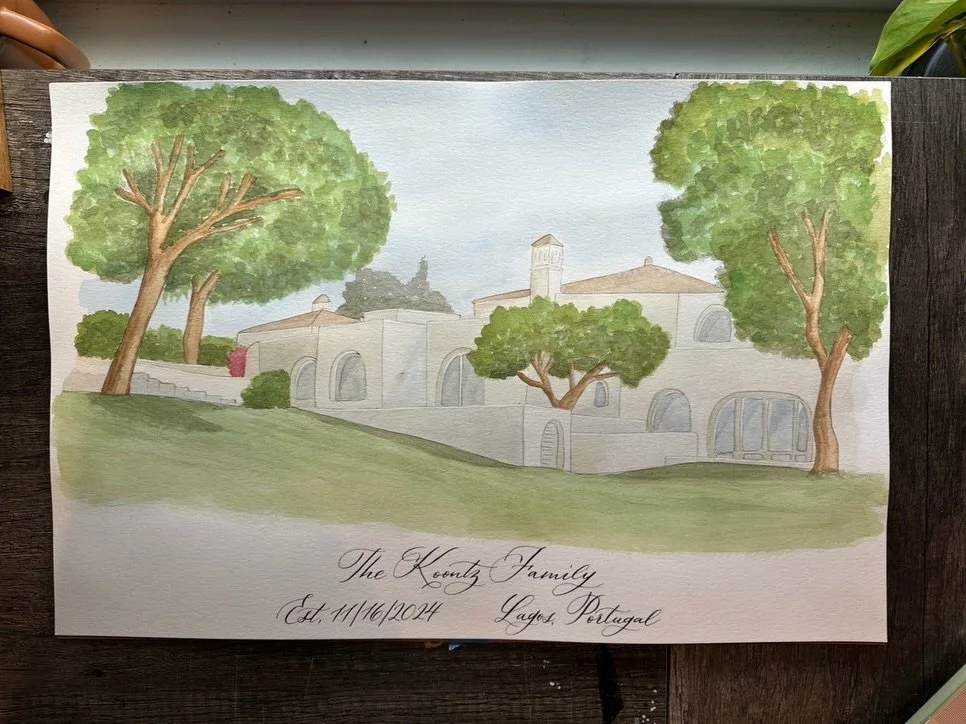 Another recent painting I&rsquo;m really proud of, a watercolor of the venue where they got married. Watercolors are so funnnnn! Check out the video in the second slide :)

I&rsquo;m back in the office today, fulfilling orders and scheming new ideas 