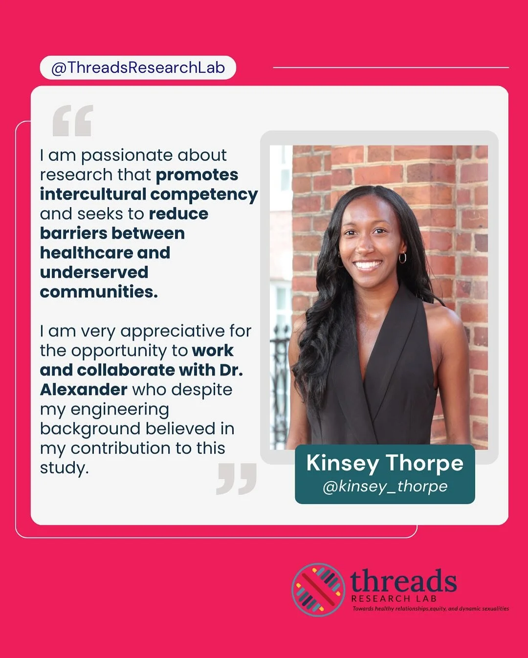 🎉 Congratulations to Kinsey Thorpe (@kinsey_thorpe ) on her amazing journey and achievements! 🎓✨ 

As the Research Coordinator for the B.R.I.G.H.T. Study at Threads Research Lab, Kinsey has made a profound impact by creating and leading programs th