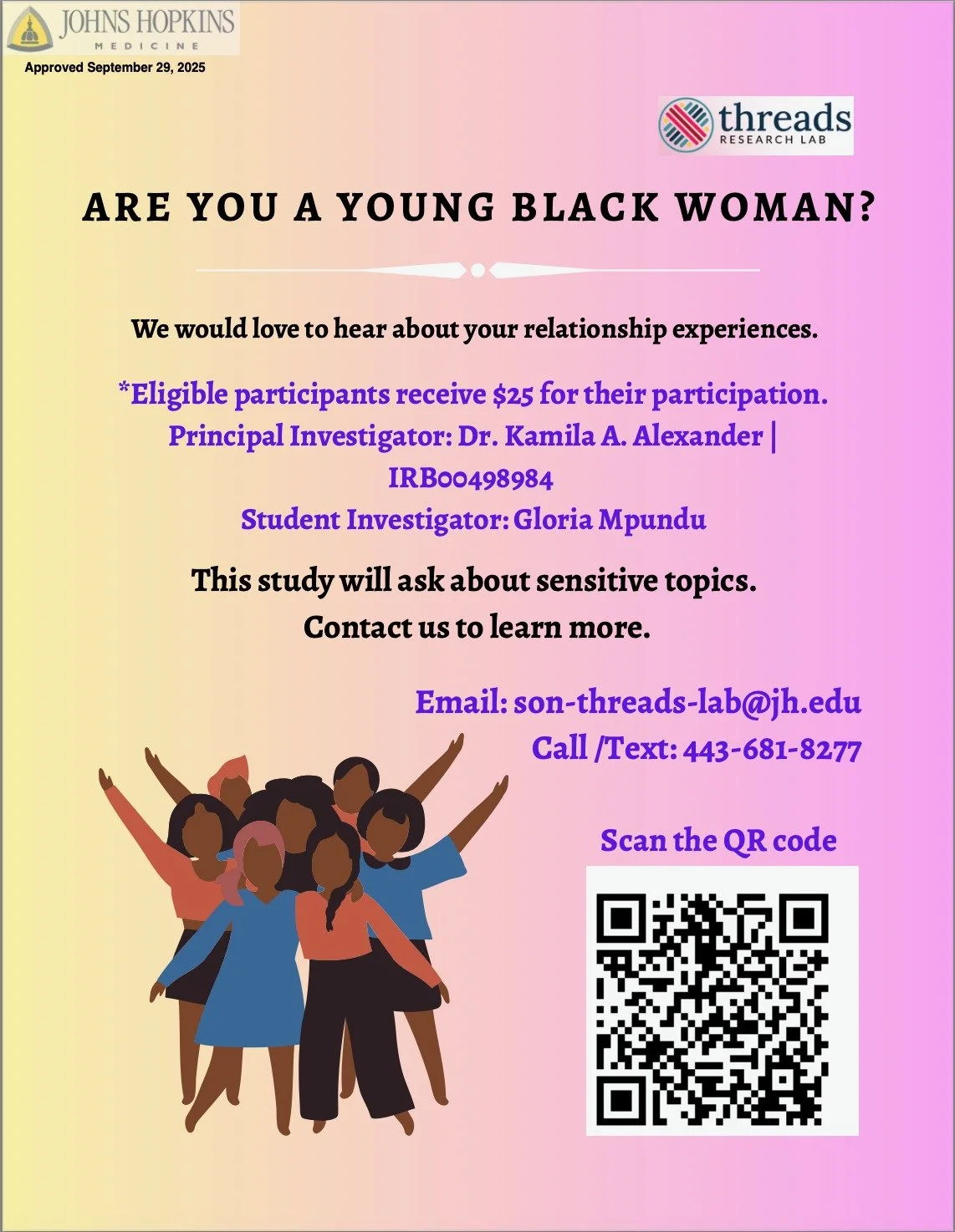 🖤 We&rsquo;re listening to your stories.

We want to learn how certain relationship experiences shape sexual health decision making of Black adolescent and young adult women.

If you identify as a young Black cisgender woman living in the U.S., we&r