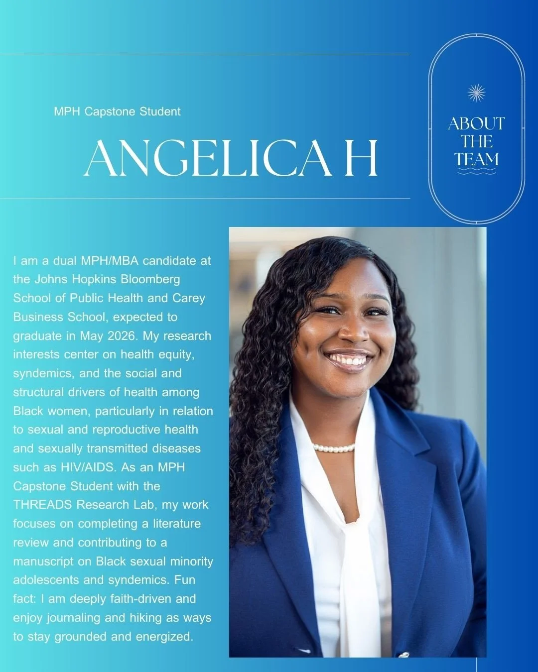 Welcome to the THREADS family! 💙✨ We&rsquo;re so excited to introduce three new team members who are bringing passion, purpose, and powerful perspectives to our work.

👩🏾&zwj;🎓 Angelica H (MPH Capstone Student)
A dual MPH/MBA candidate at Johns H