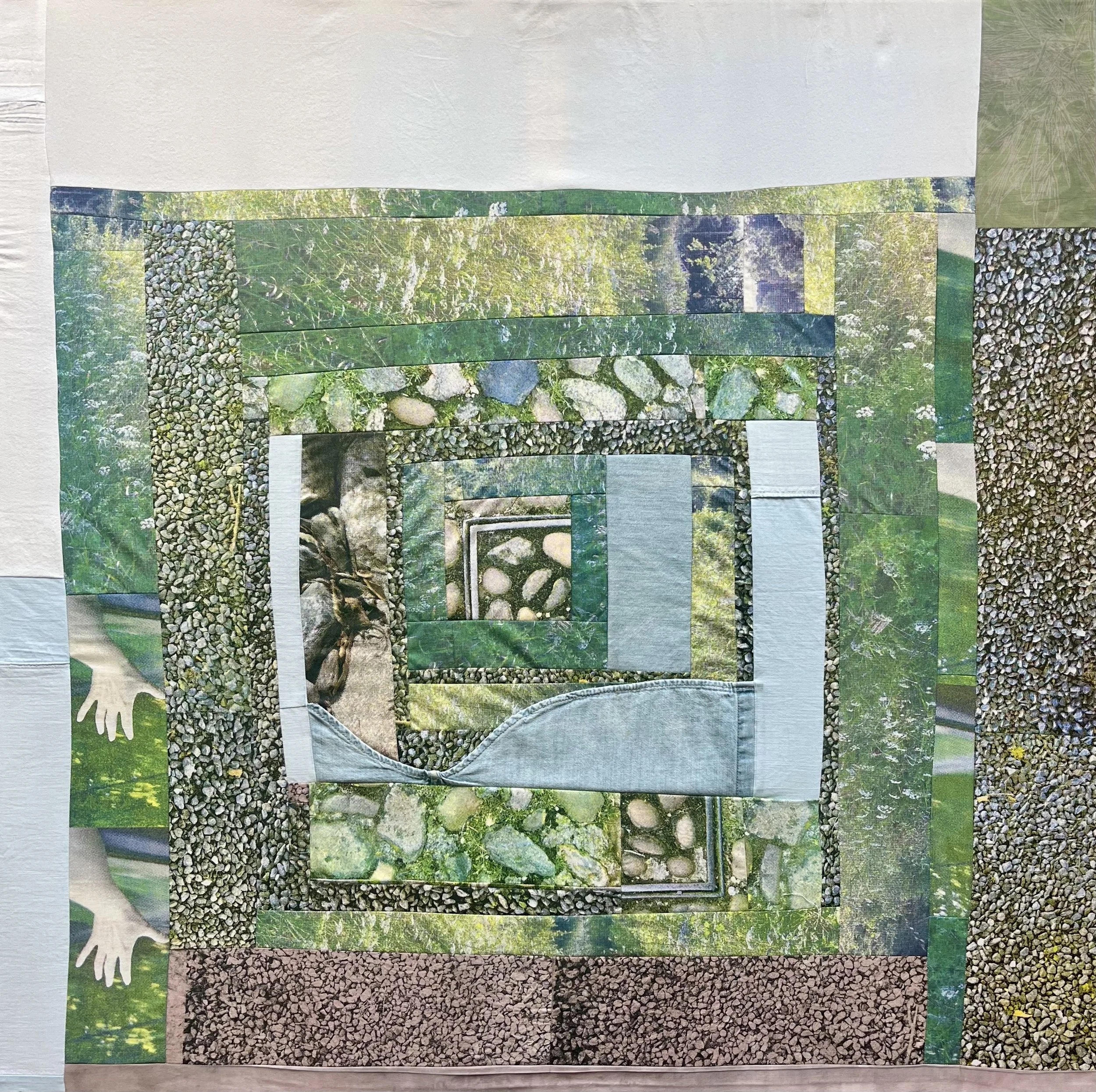 Log Rock Garden,
Screenprint on cotton, bedsheets, thread,
36 x 36 inches,
2025