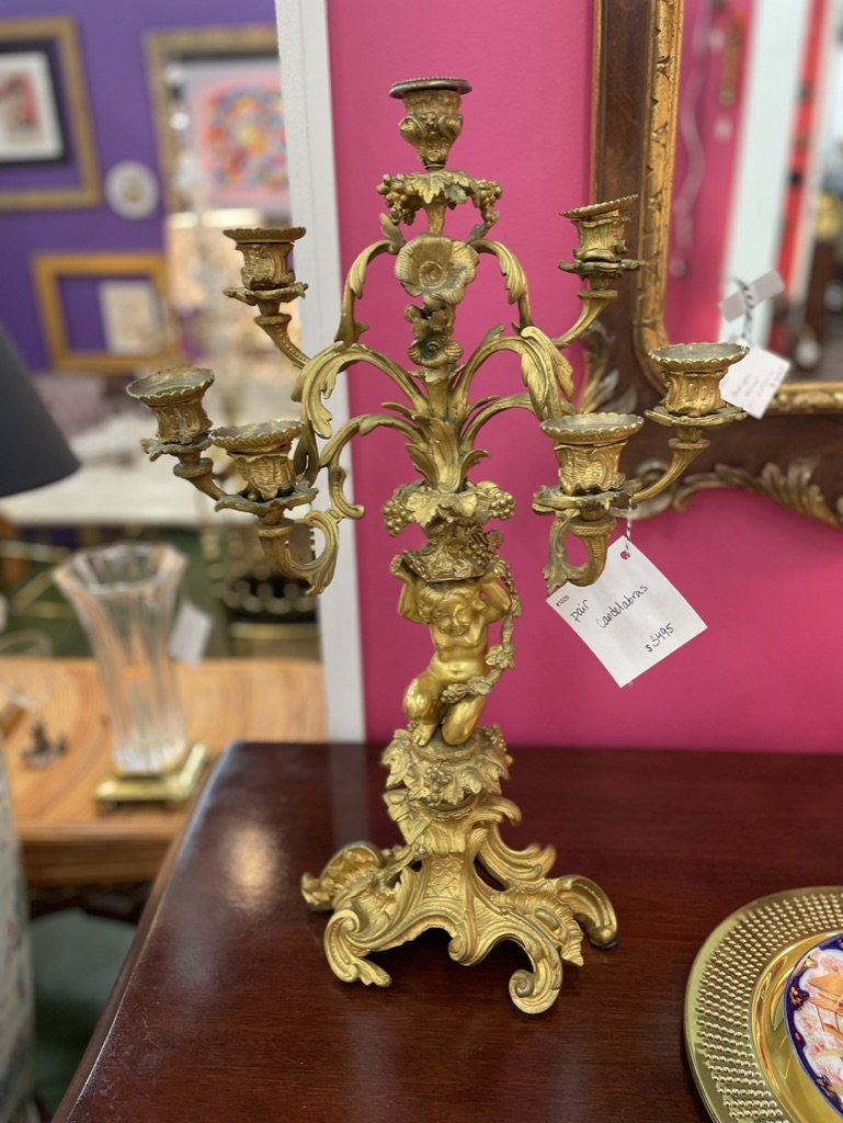 Pair of Large Brass Candelabras with Cherub Decoration