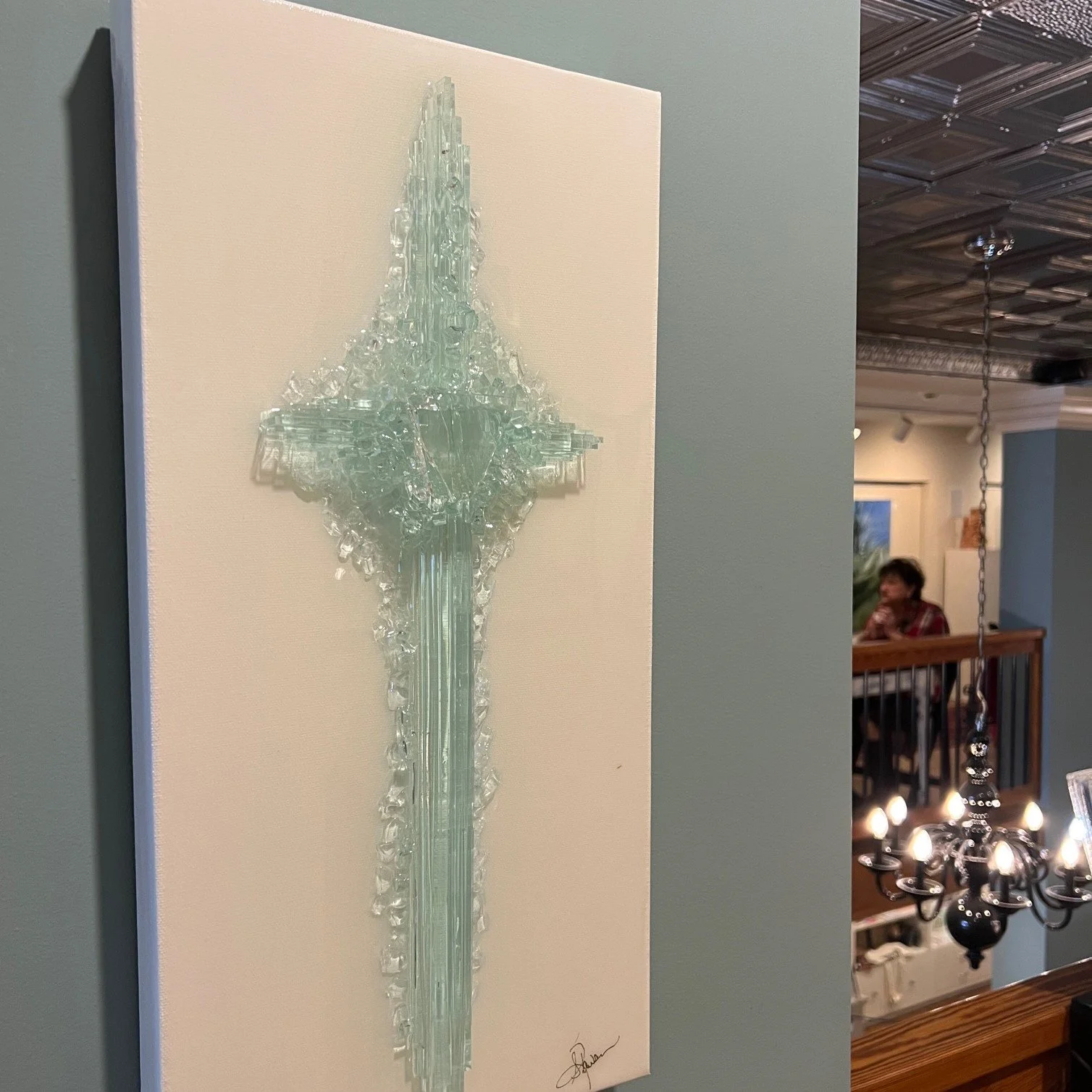 Glass Cross by Shaye Rawson /
Acrylic + Resin + Glass 
12x24 $180