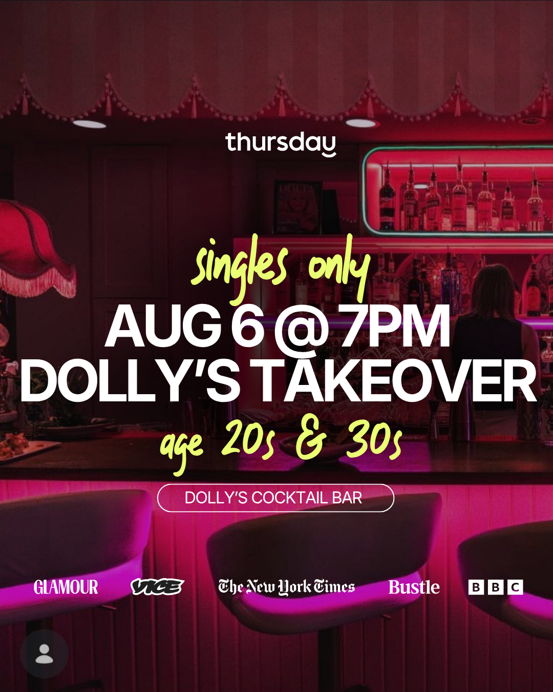 THURSDAY Singles at Dolly's Cocktail Bar