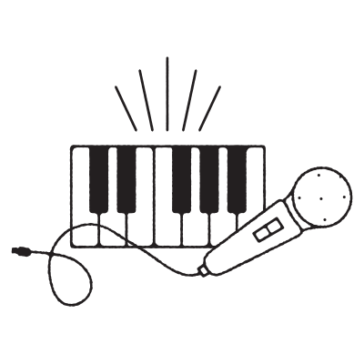 Outline of a microphone and a keyboard with musical notes and sound waves.