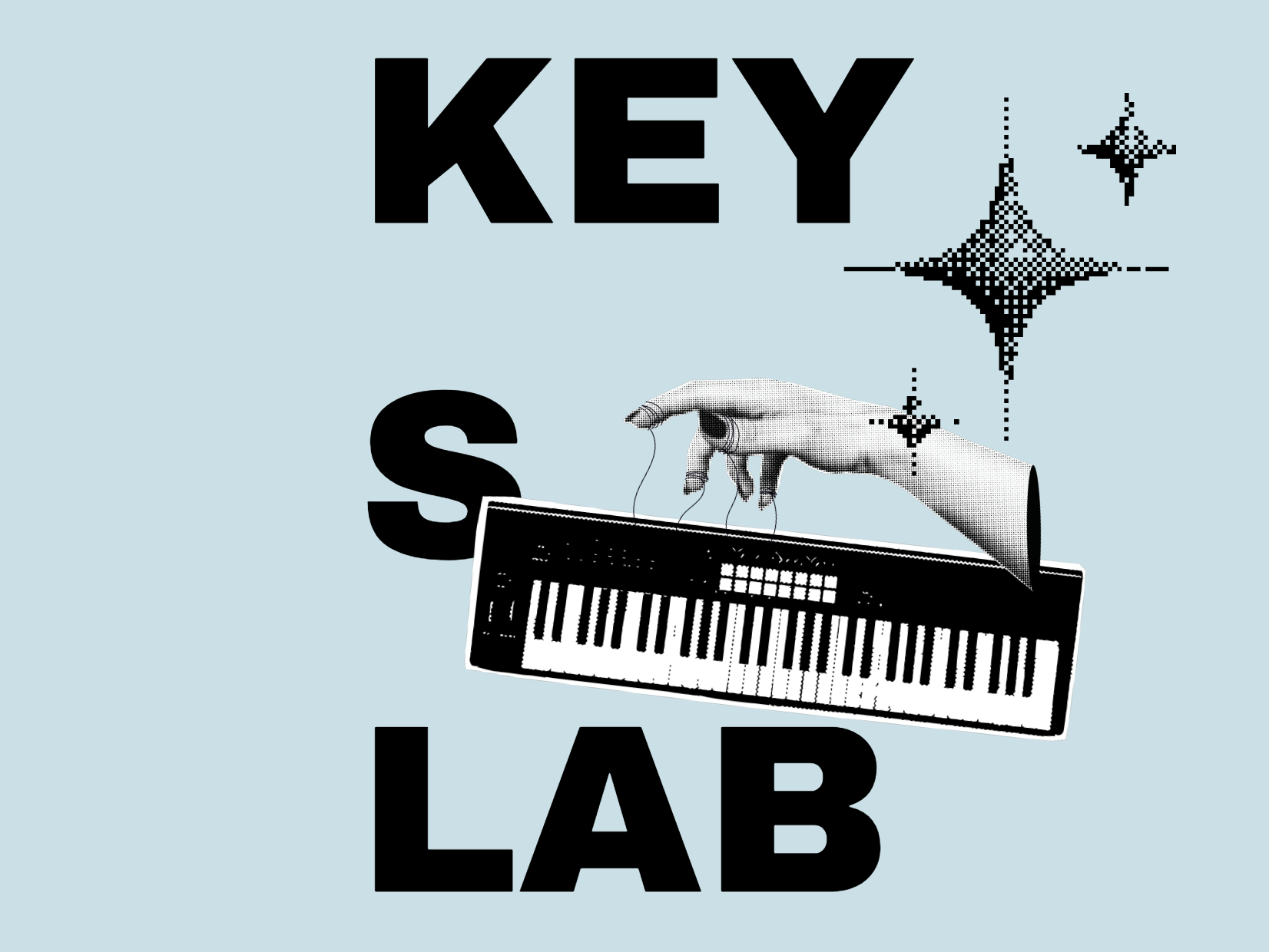 Graphic with the words 'KEY LAB' and an illustration of a hand holding a keyboard with a string attached, plus sparkling star-like shapes.