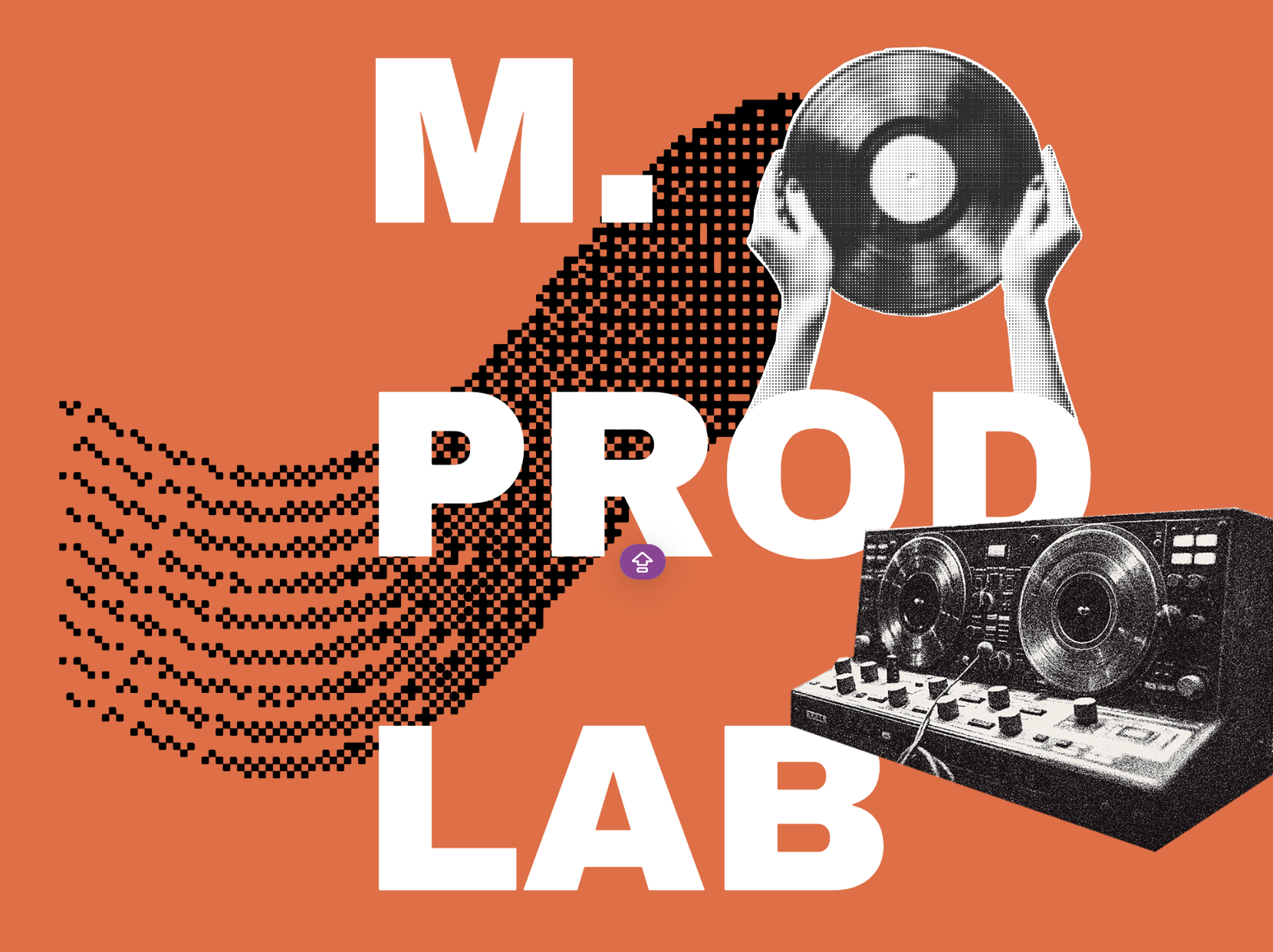 Graphic design with orange background, large white text reading 'My PRO LAB', a black and white halftone image of hands holding a vinyl record, a black DJ turntable, and a black stylized wave pattern.