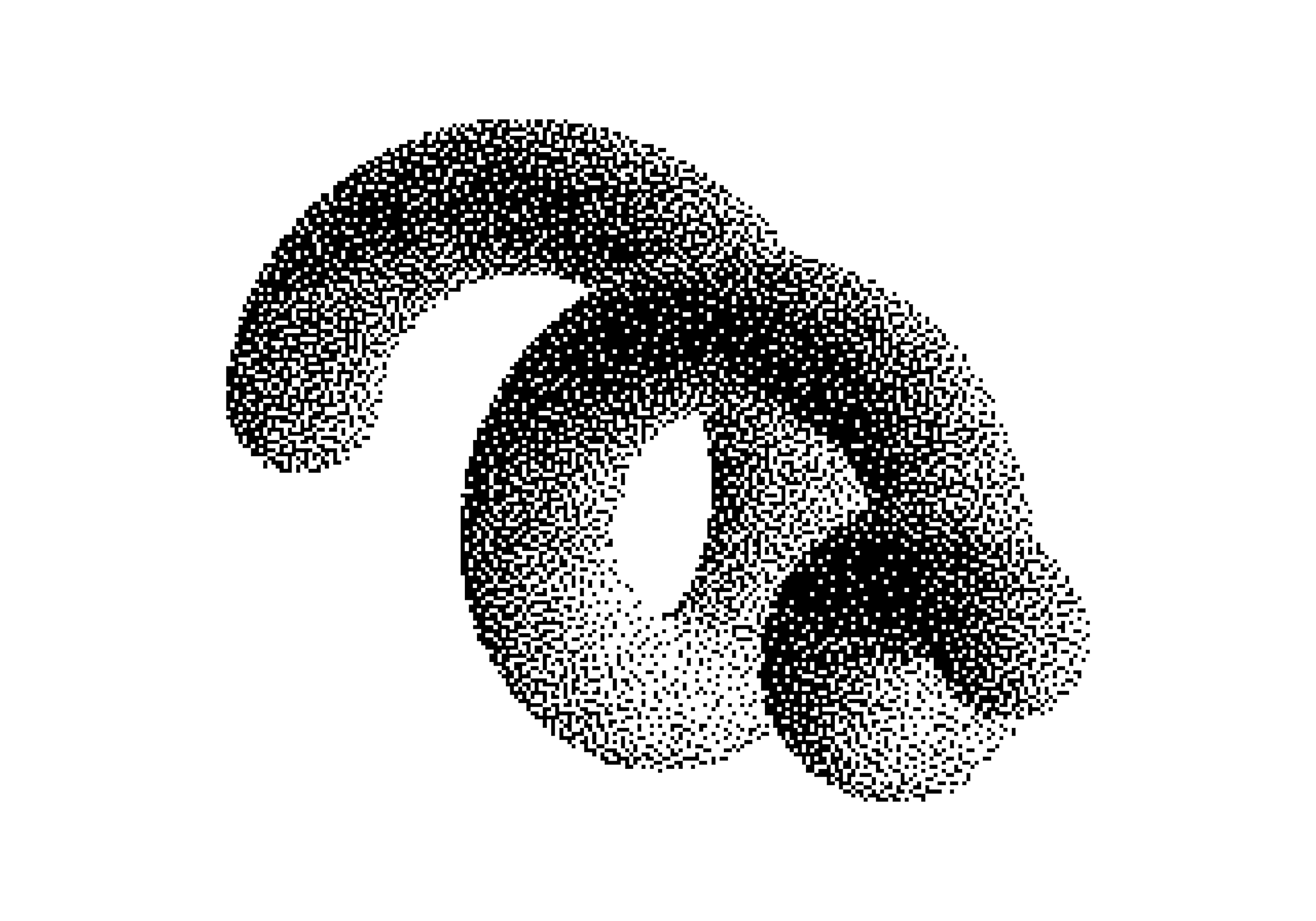 An abstract digital illustration of two intertwined number eights, composed of small white square and circular elements on a black background.