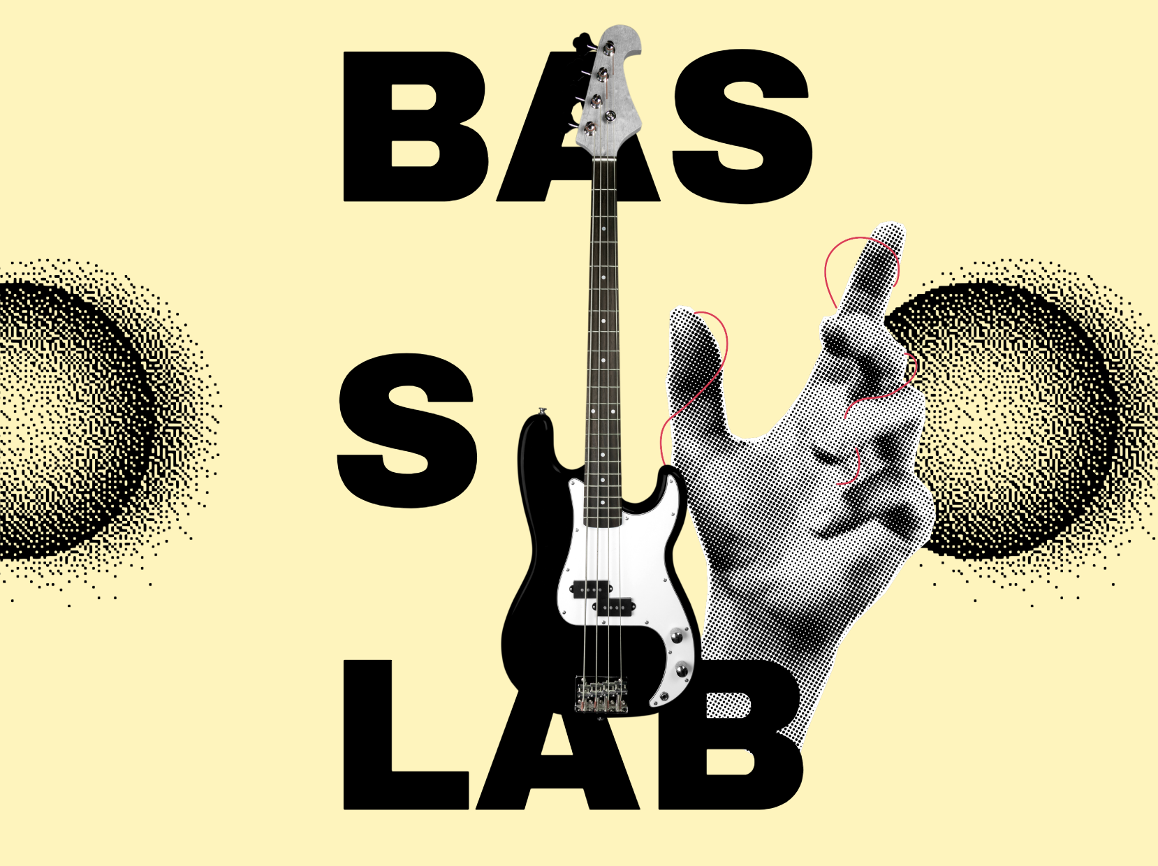 A graphic design featuring a black and white hand with a dotted pattern, red string, and a toy guitar in the center, with the words 'BASS' and 'LAB' in bold black letters, set against a pale yellow background with black dotted circles.