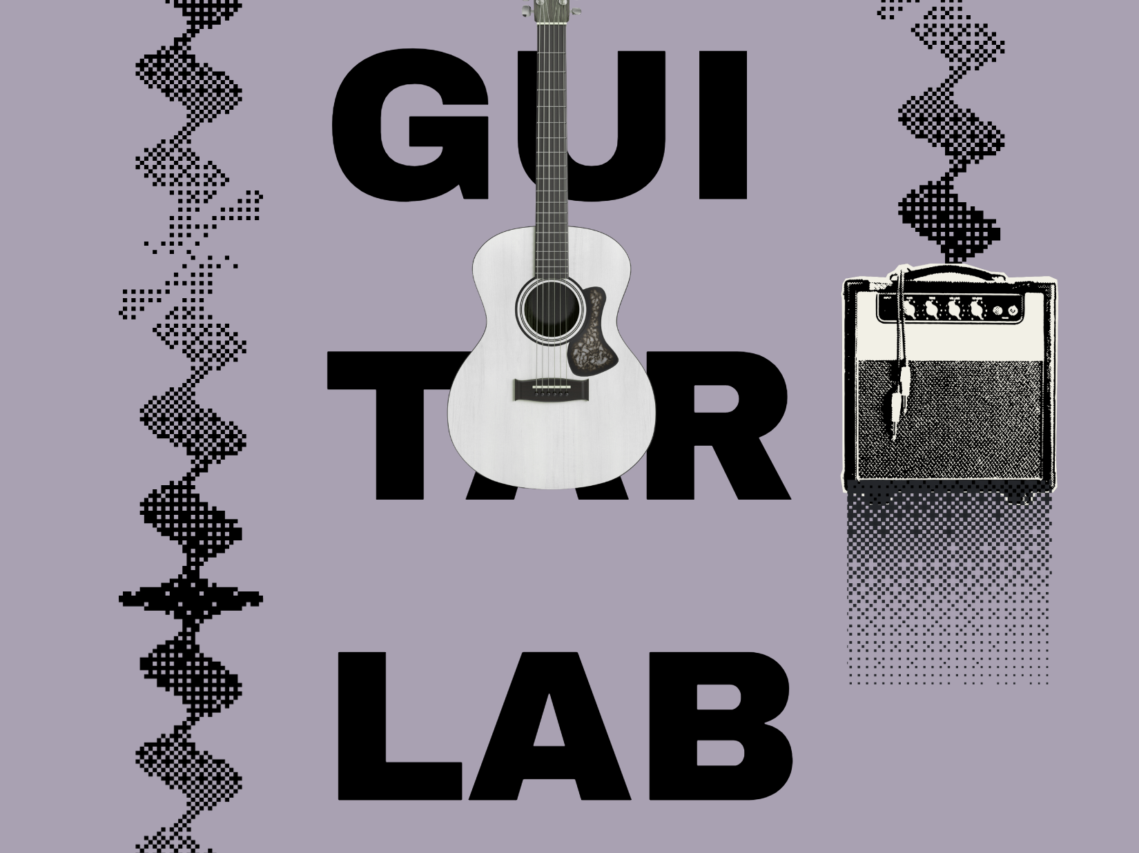 A purple background with black text reading "GUITAR LAB." A white acoustic guitar and a black and white amplifier are positioned over the text.