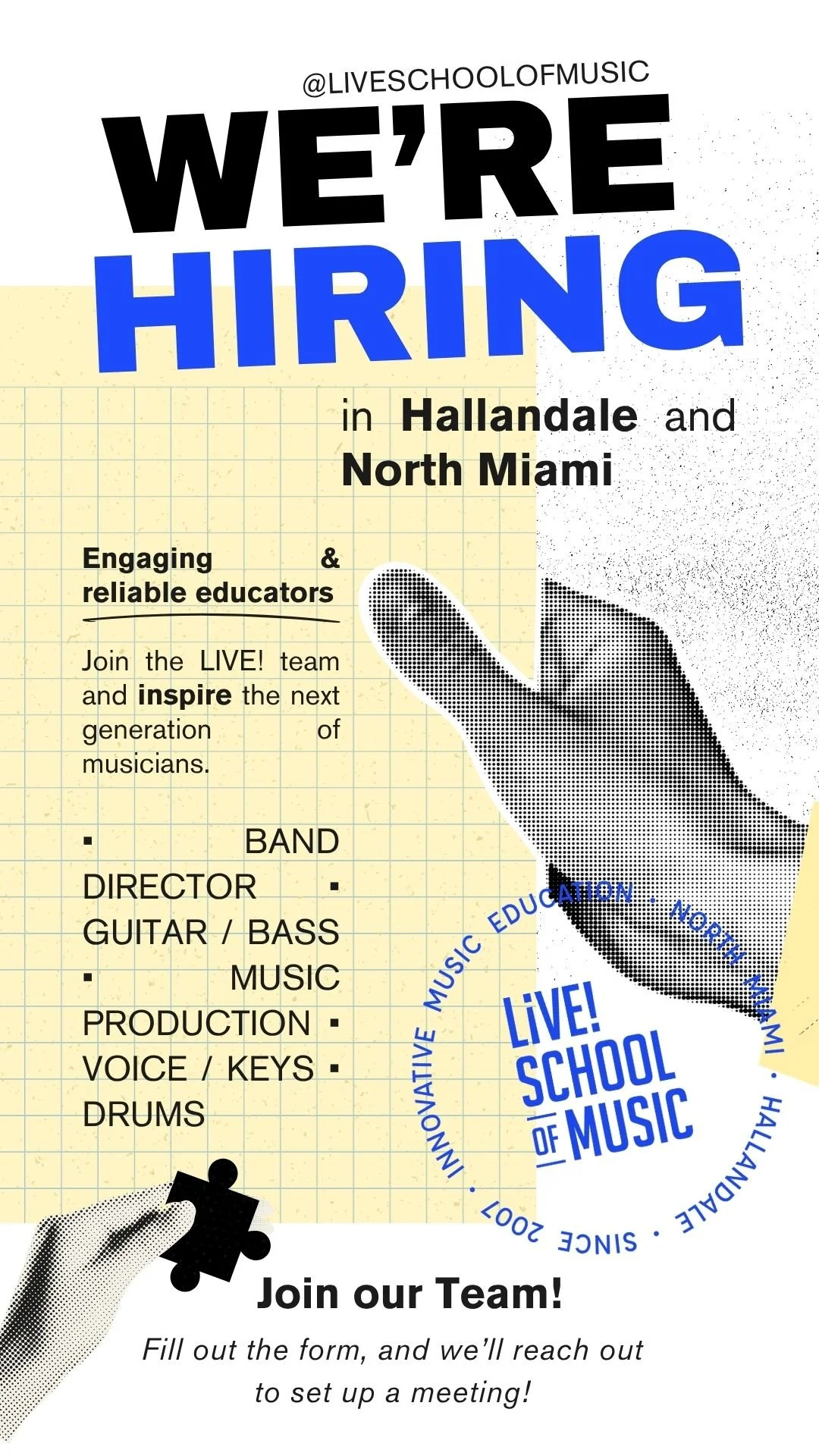 We're hiring inspiring music educators and various roles like band director, guitar/bass, music production, voice/keys, and drums.