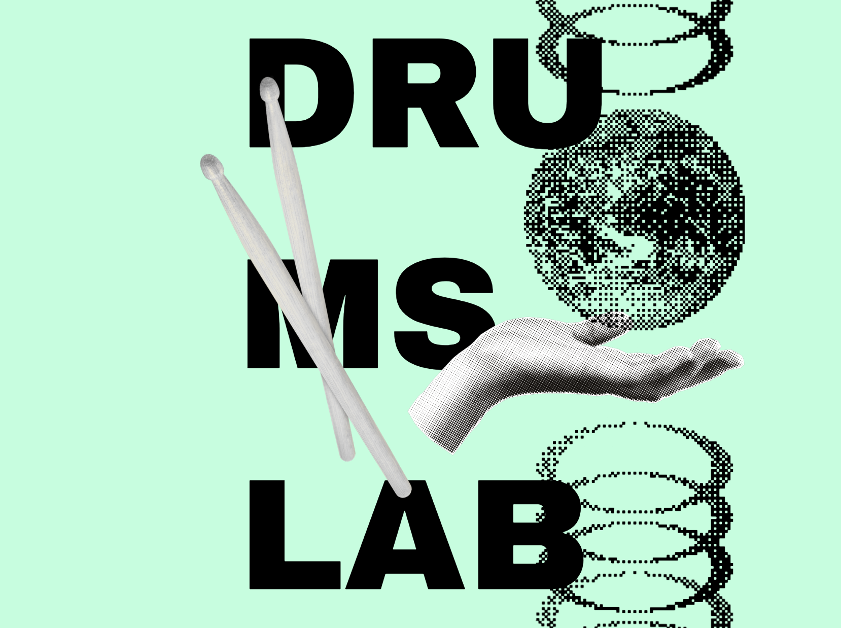 Graphic with the words 'DRUG MS LAB' in bold black letters, with a hand holding a DNA double helix and two cotton swabs crossing each other.