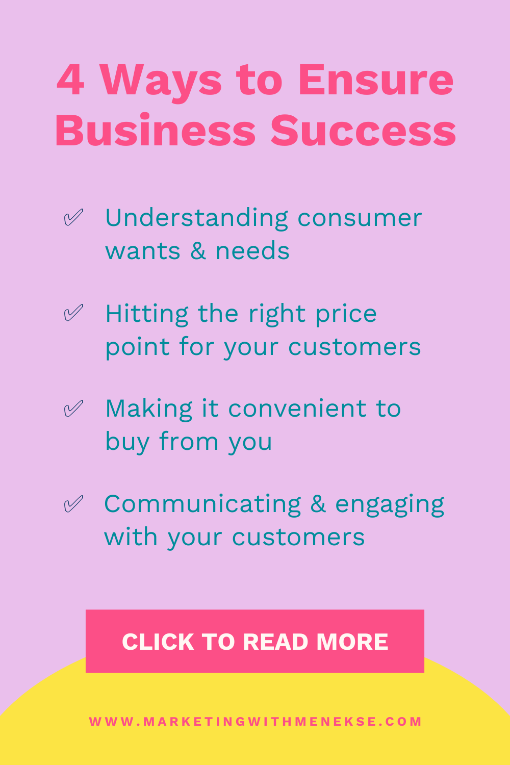 Title reads: "4 ways to ensure business success". Underneath is a list of abridged reasons from the blog post. There is a button that says "click to read more" followed by a link to www.marketingwithmenekse.com