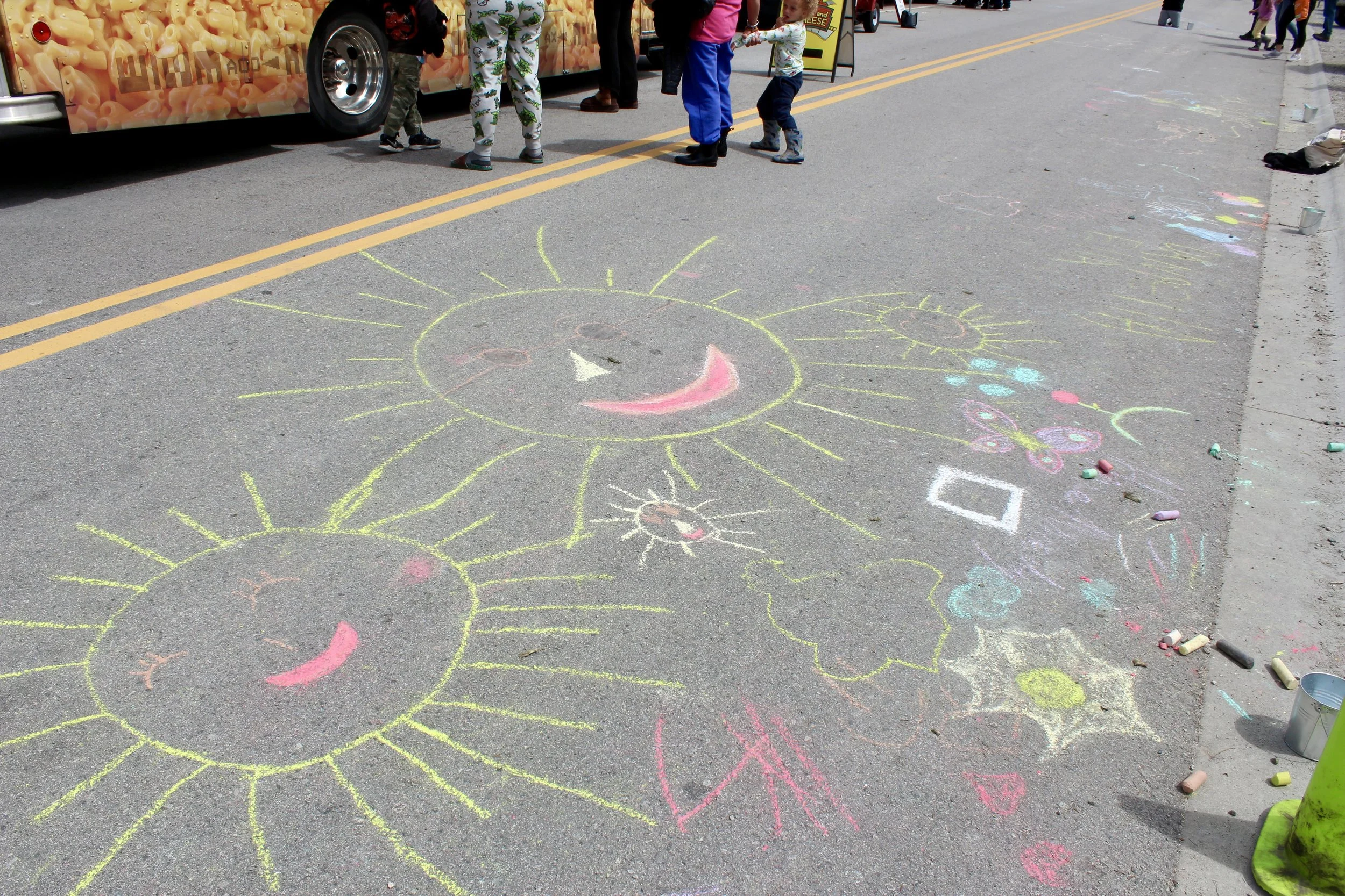 Chalk drawing of the sun with a smiley face