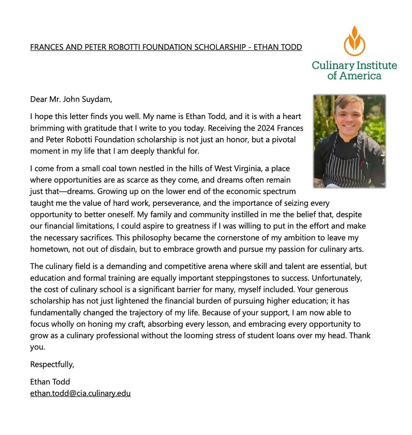 The Robotti Foundation is pleased to announce the first recipients of the Frances and Peter Robotti scholarship program. Big thanks to @theculinaryinstituteofamerica for helping to make this happen.