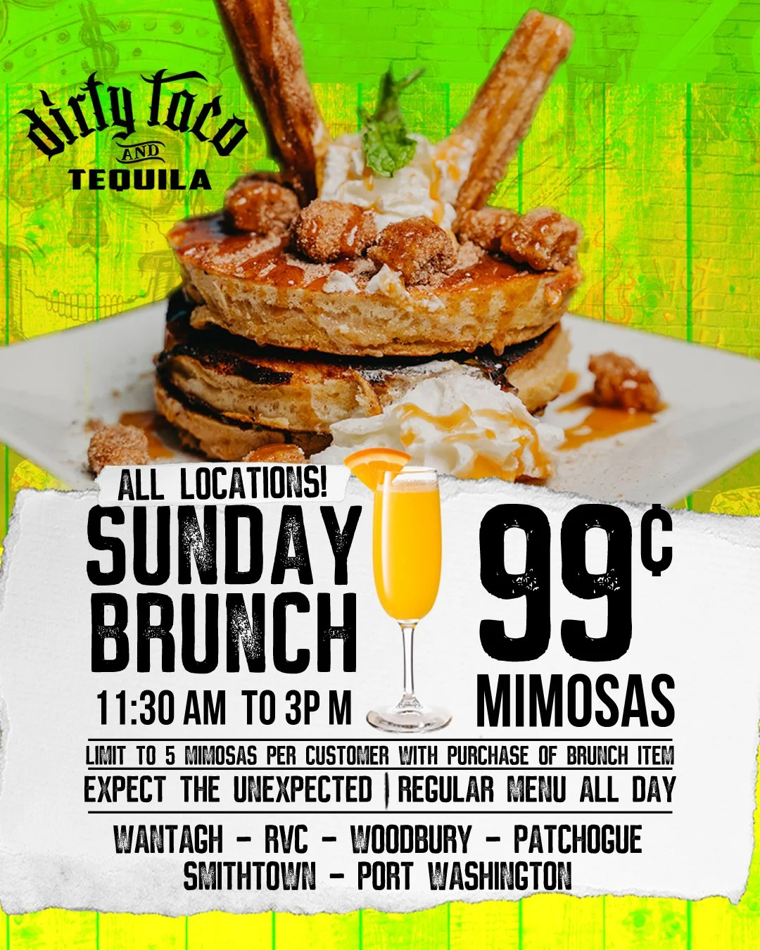 Cheers to a Dirty Sunday Brunch and 99&cent; Mimosas! 🥂

- Offered at ALL locations
