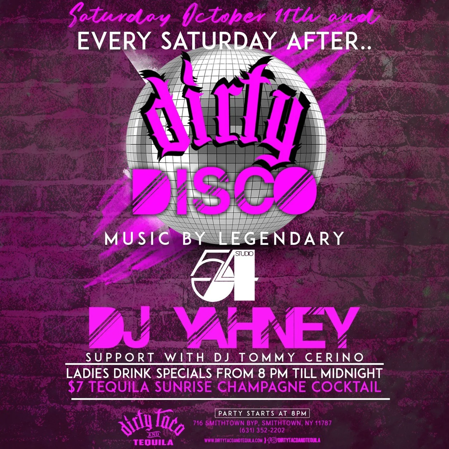 Disco is starting in Smithtown THIS SATURDAY, October 11th. 💃 Don't miss out on dirty tunes + Ladies Drink Specials! 🔥

- Party starts at 8PM with DJ Yahney + support of DJ Tommy Cerino
