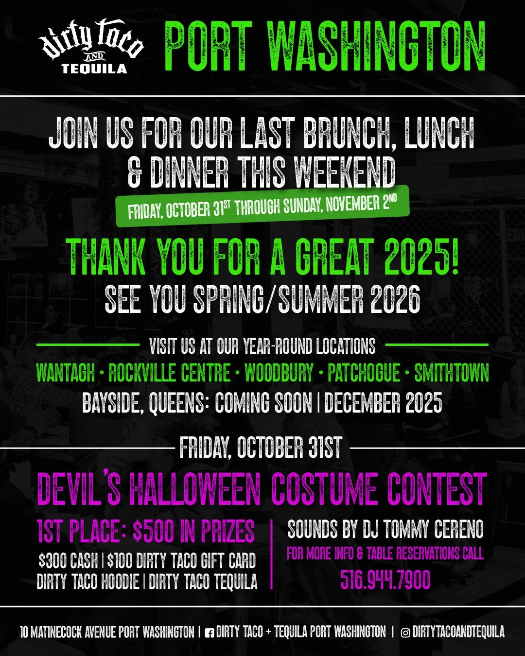Join us at Port Washington this weekend for our last hoorah's of the season! 🔥 Let's celebrate Halloween together + enjoy our last brunch, lunch &amp; dinner!

📍 Seasonal locations: Wantagh, RVC, Woodbury, Patchogue, Smithtown.
🎃 Devil's Halloween