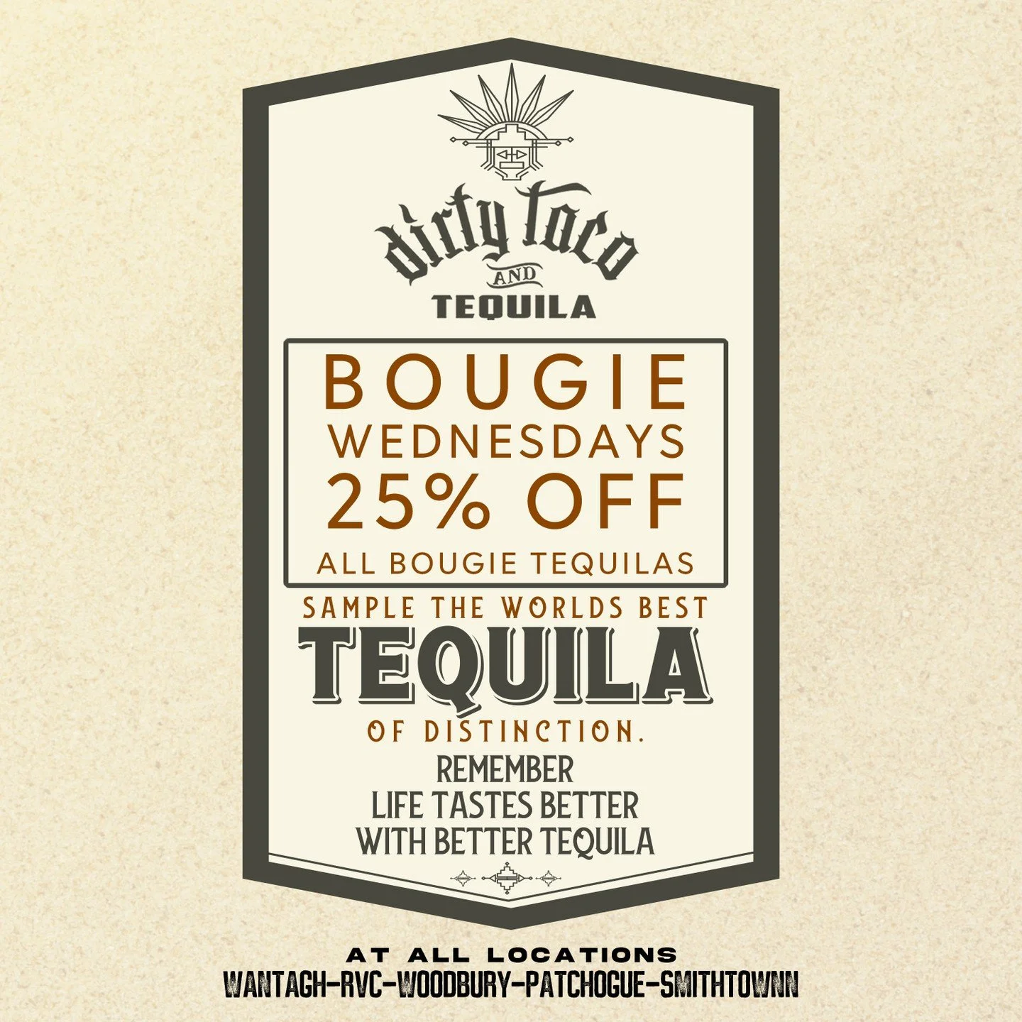Don't miss out on Bougie Tequila Wednesday! 🔥

- Offered at all locations
- Port Washington - CLOSED for the season
