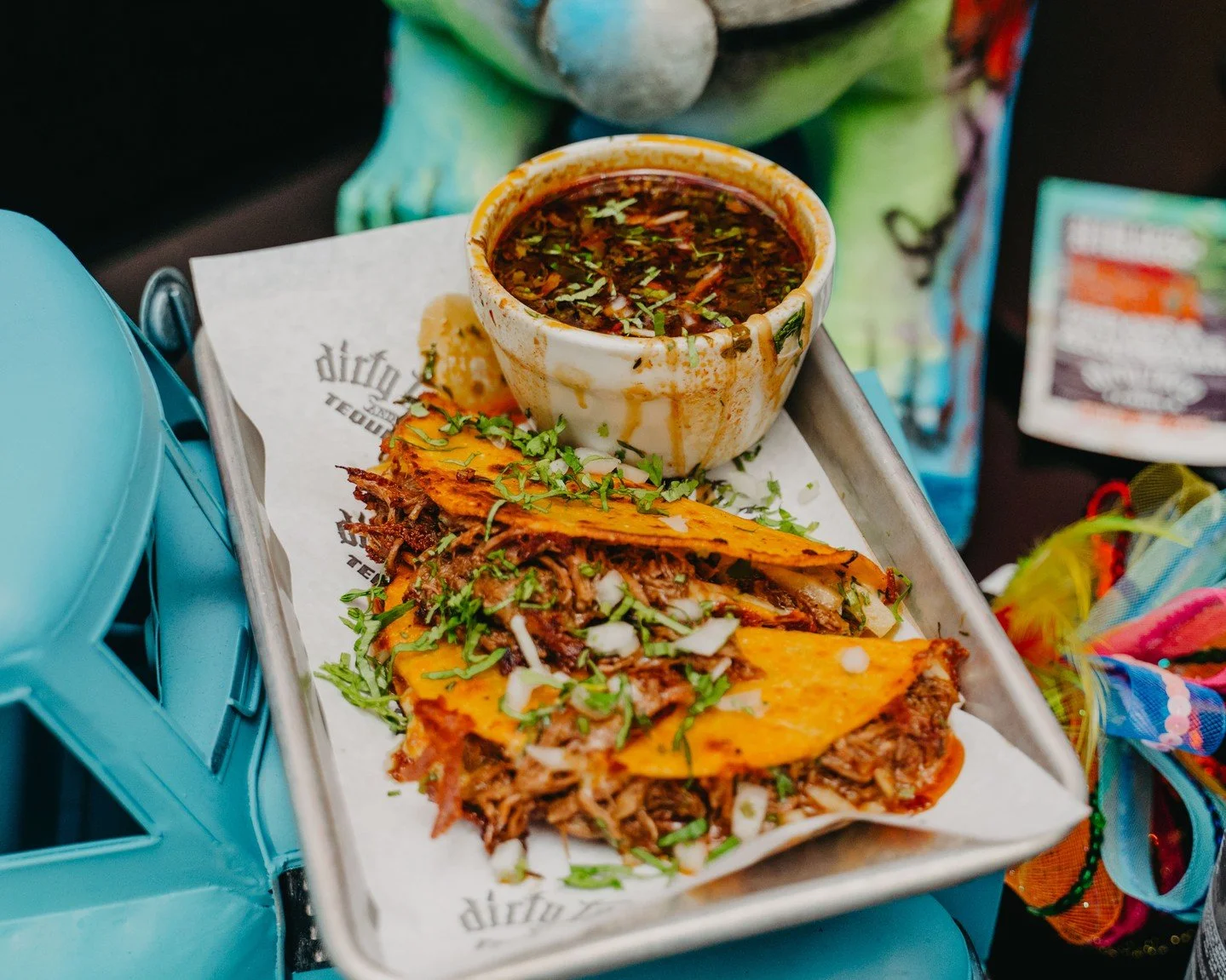 Stewed beef, melted cheese, onion, cilantro, and a rich consomm&eacute; for dipping. Our Birria taco does it dirty.

 #tequila #mixeddrinks #cocktails #fooodddiieeee #tacotuesday #longislandfood #longislandeats #longislandny #mexicanfood #dirtytaco