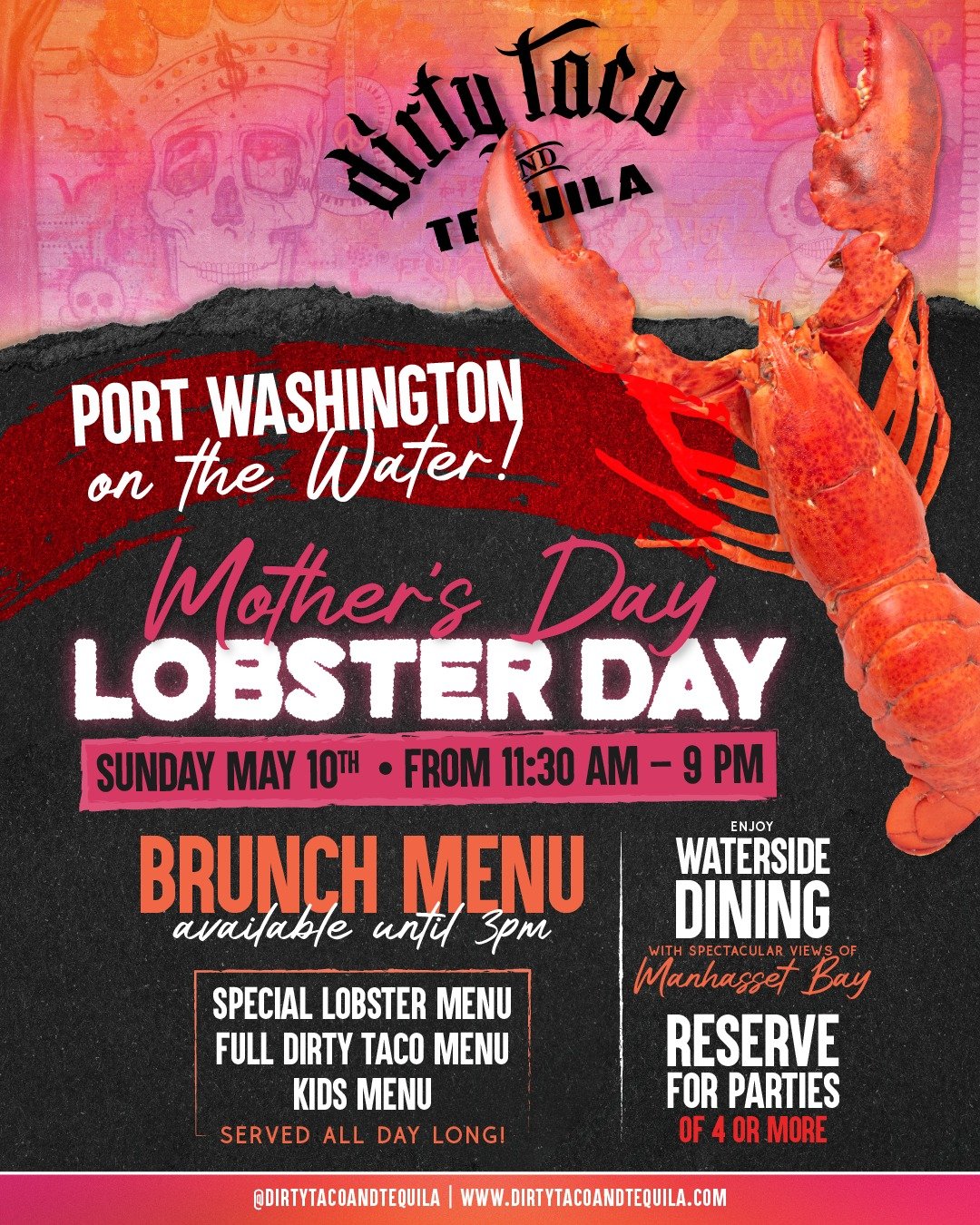 Port Washington, Let's Celebrate Mother&rsquo;s Day&hellip; but make it Dirty 😈🦞

Waterside brunch, lobster tacos, seafood paella, margs flowing, and views of Manhasset Bay all day 🍹🌊

Take Mom somewhere better than ordinary this year

Brunch unt