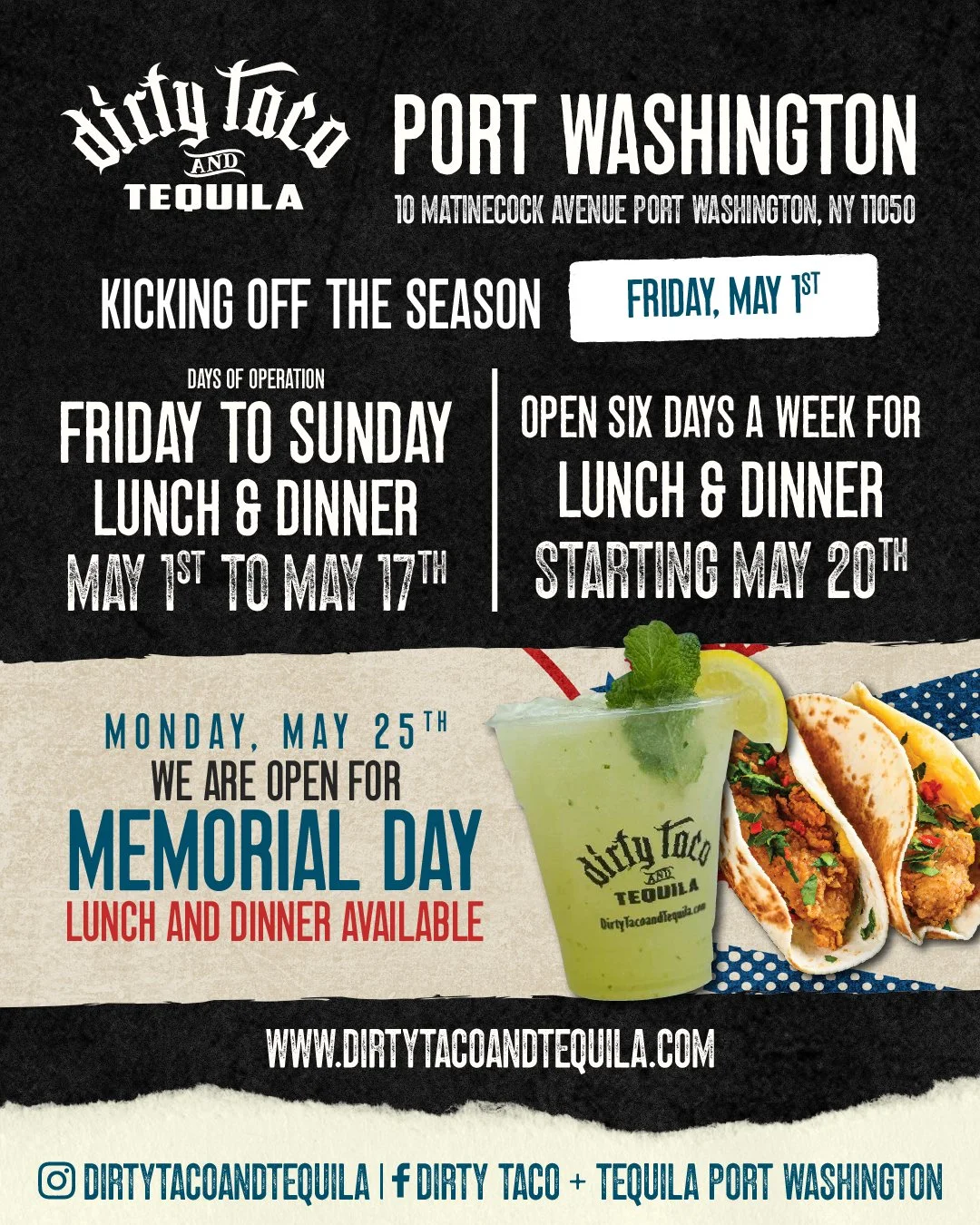 It&rsquo;s finally time&hellip; Port Washington, we&rsquo;re back 🔥🌮

Opening weekend is HERE and the vibes are already unmatched ☀️🍹

New spot, same energy&mdash;pull up, grab a drink, and get dirty. 👀✨

#DirtyTaco #PortWashington #OpeningWeeken