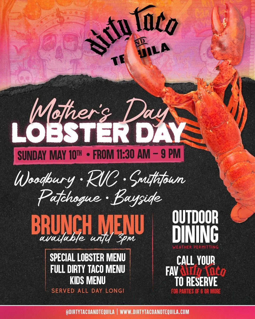 Sunday May 10th. Lobster specials, brunch, drinks, and good vibes all day long. Celebrate Mom at Dirty Taco.

#GetDirty #MothersDayBrunch #LobsterDay