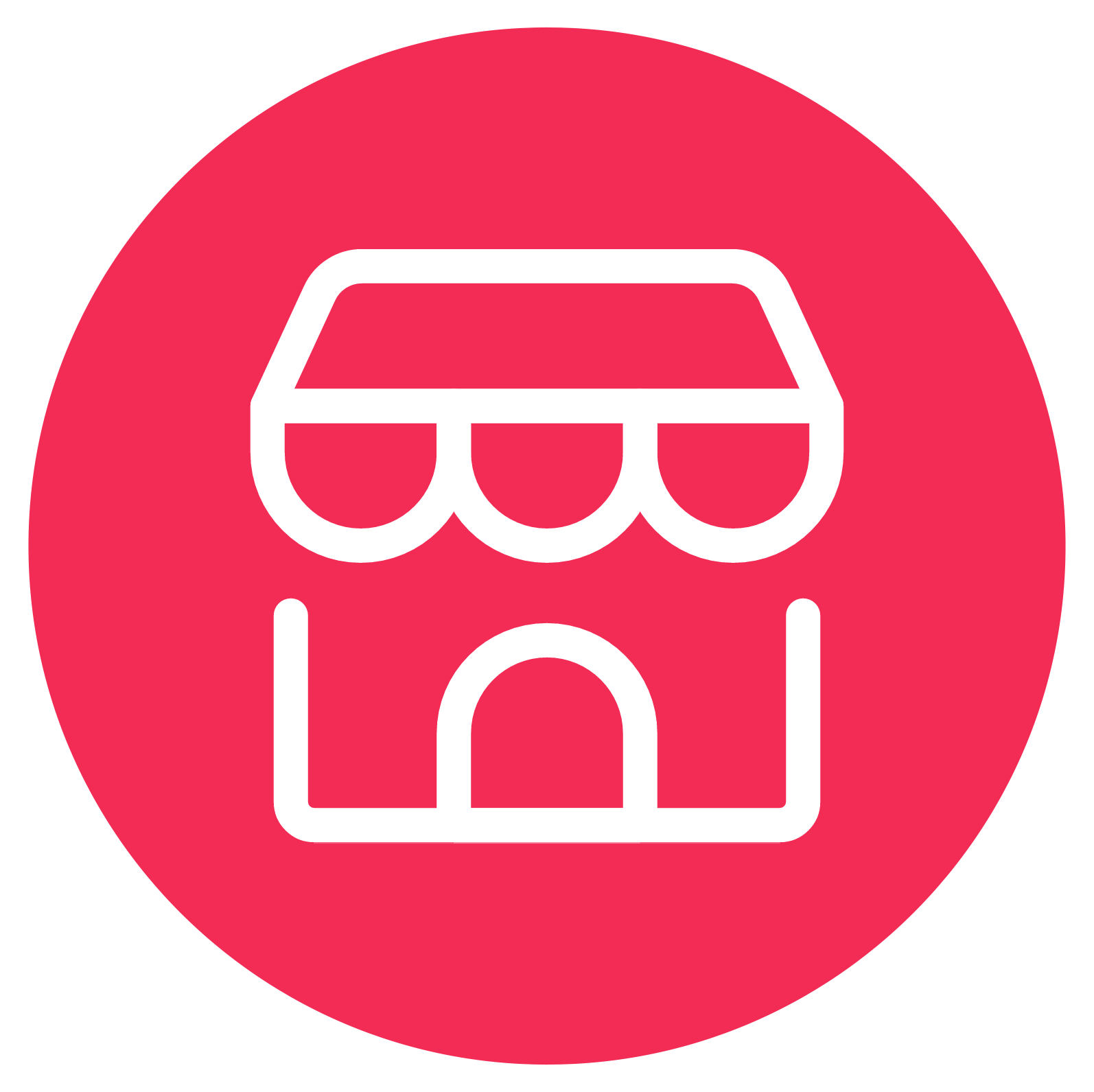Icon of a small shop or storefront with a striped awning in a pink circle.