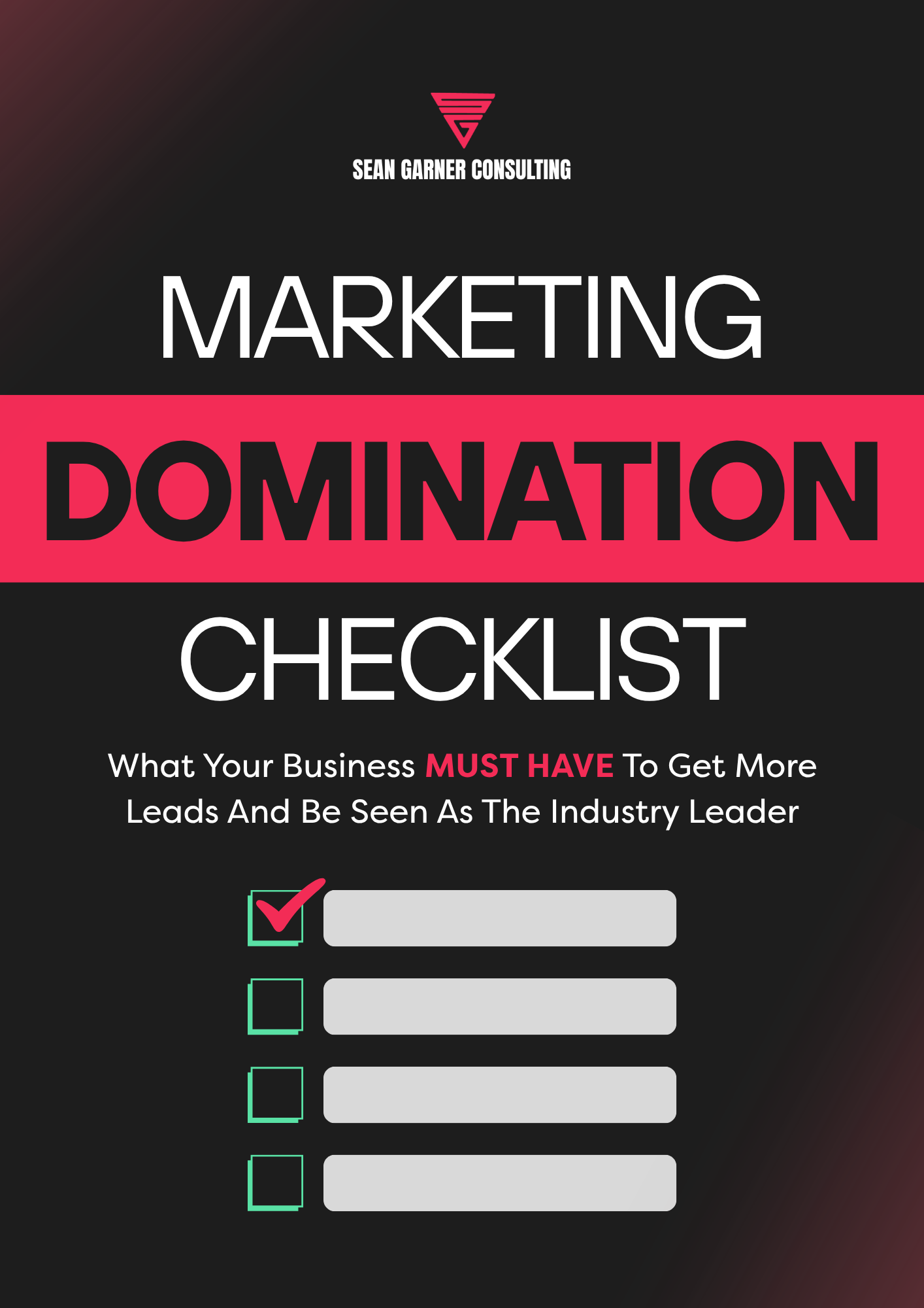 Marketing Domination Checklist cover with Sean Garner Consulting logo, highlighting key strategies for business success and lead generation.
