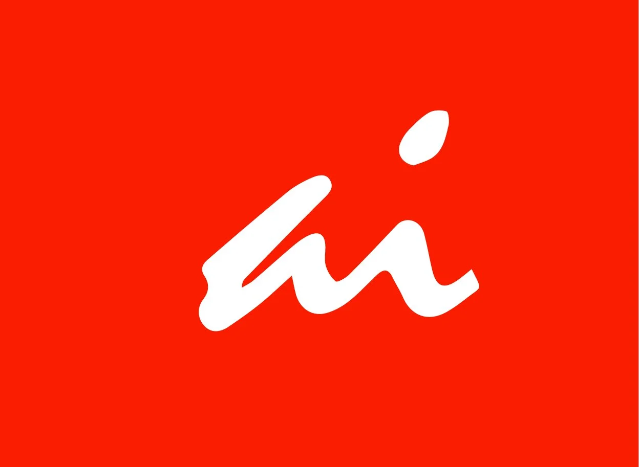 Red background with a stylized white lowercase "hi" text.