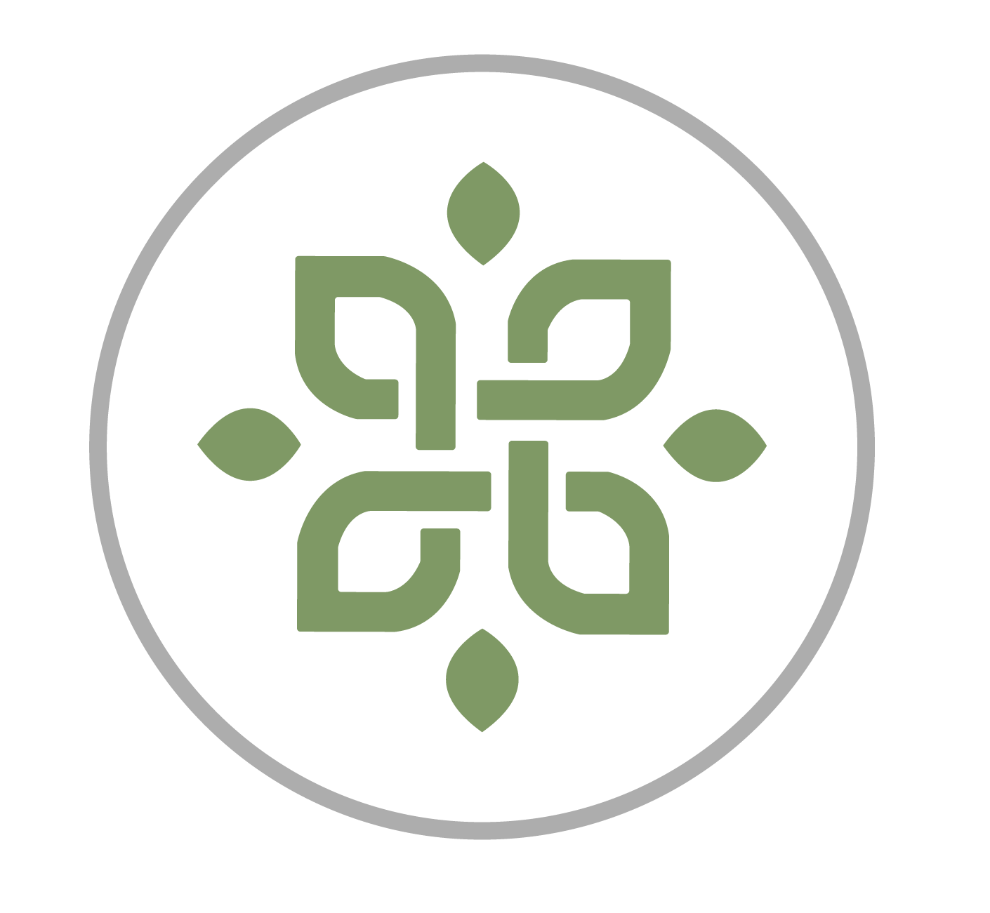 Green abstract leaf design within a gray circle on white background.