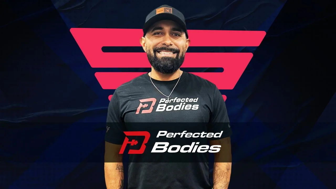 Man wearing a "Perfected Bodies" t-shirt and cap, with a logo in the background.