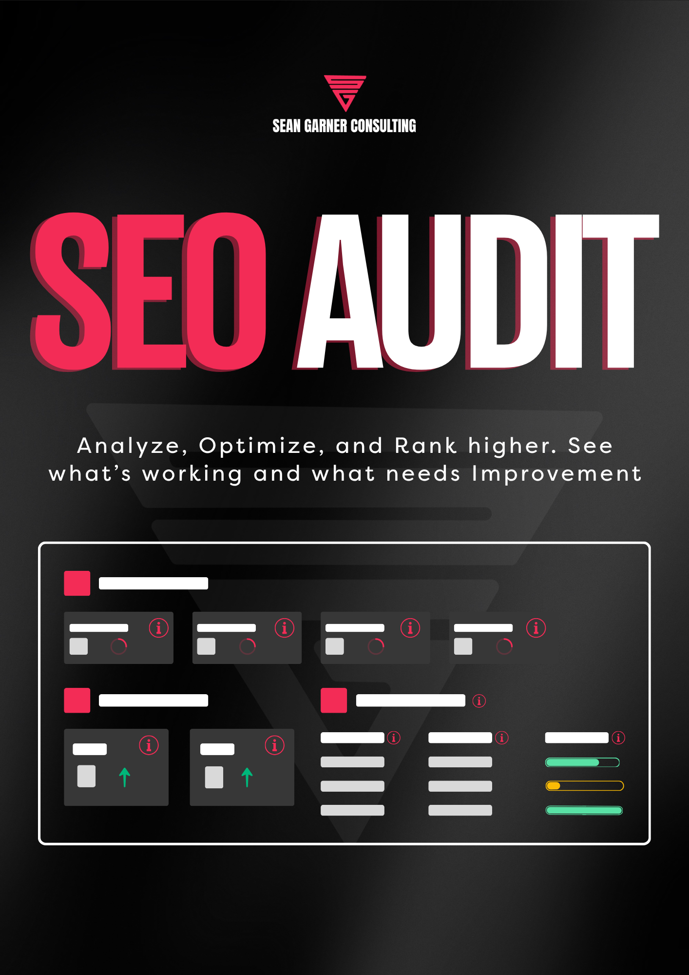 Promotional graphic for Sean Garner Consulting offering a free website SEO audit, featuring a smartphone with layered digital screens displaying analytics and optimization tools.