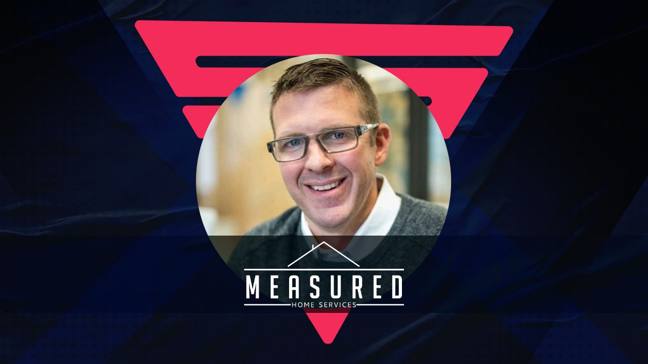 Portrait of a smiling man with glasses, wearing a gray sweater and white shirt. Logo overlay reads "Measured Home Services." Background is dark with a red geometric design.