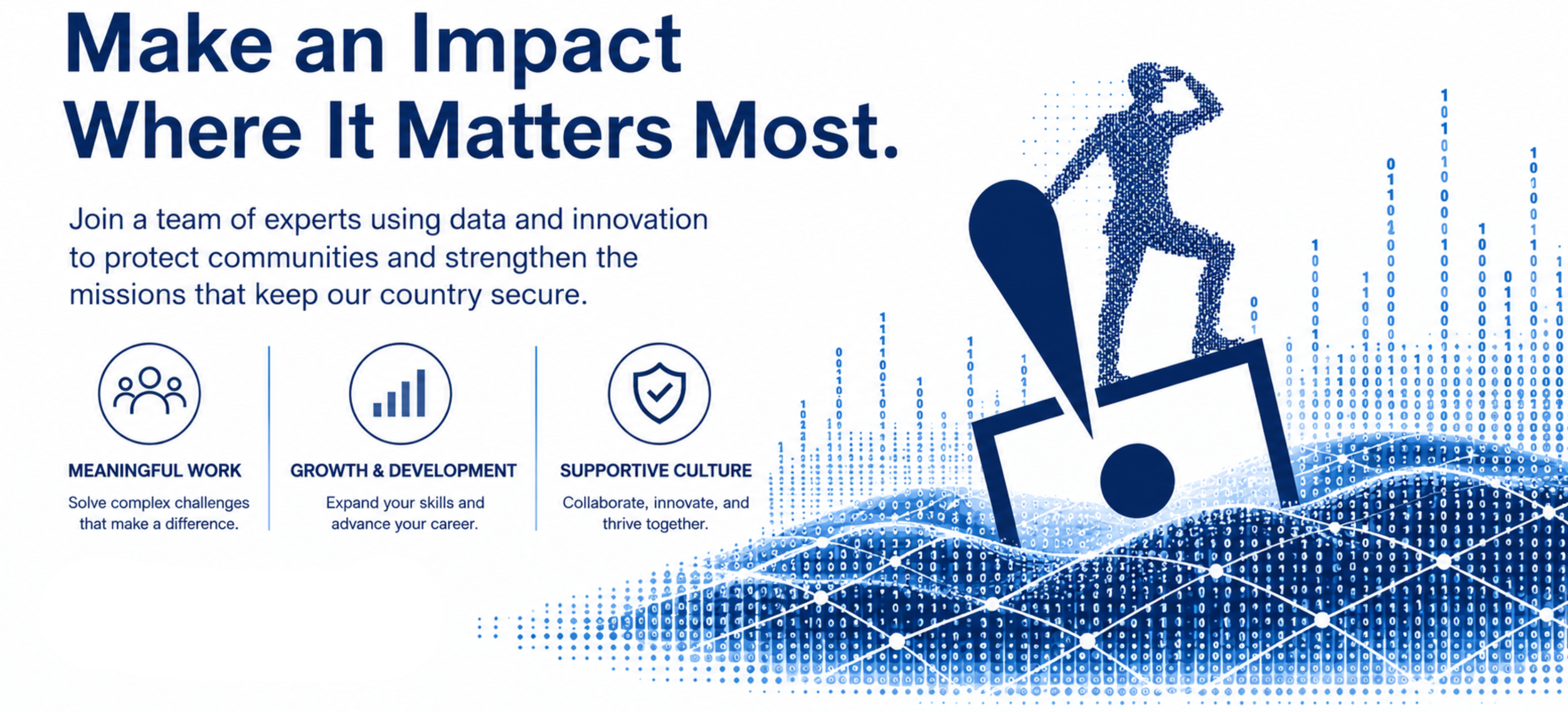 Join a team of experts using data and innovation to protect communities and strengthen the missions that keep our country secure.  MEANINGFUL WORK, GROWTH & DEVELOPMENT, SUPPORTIVE CULTURE