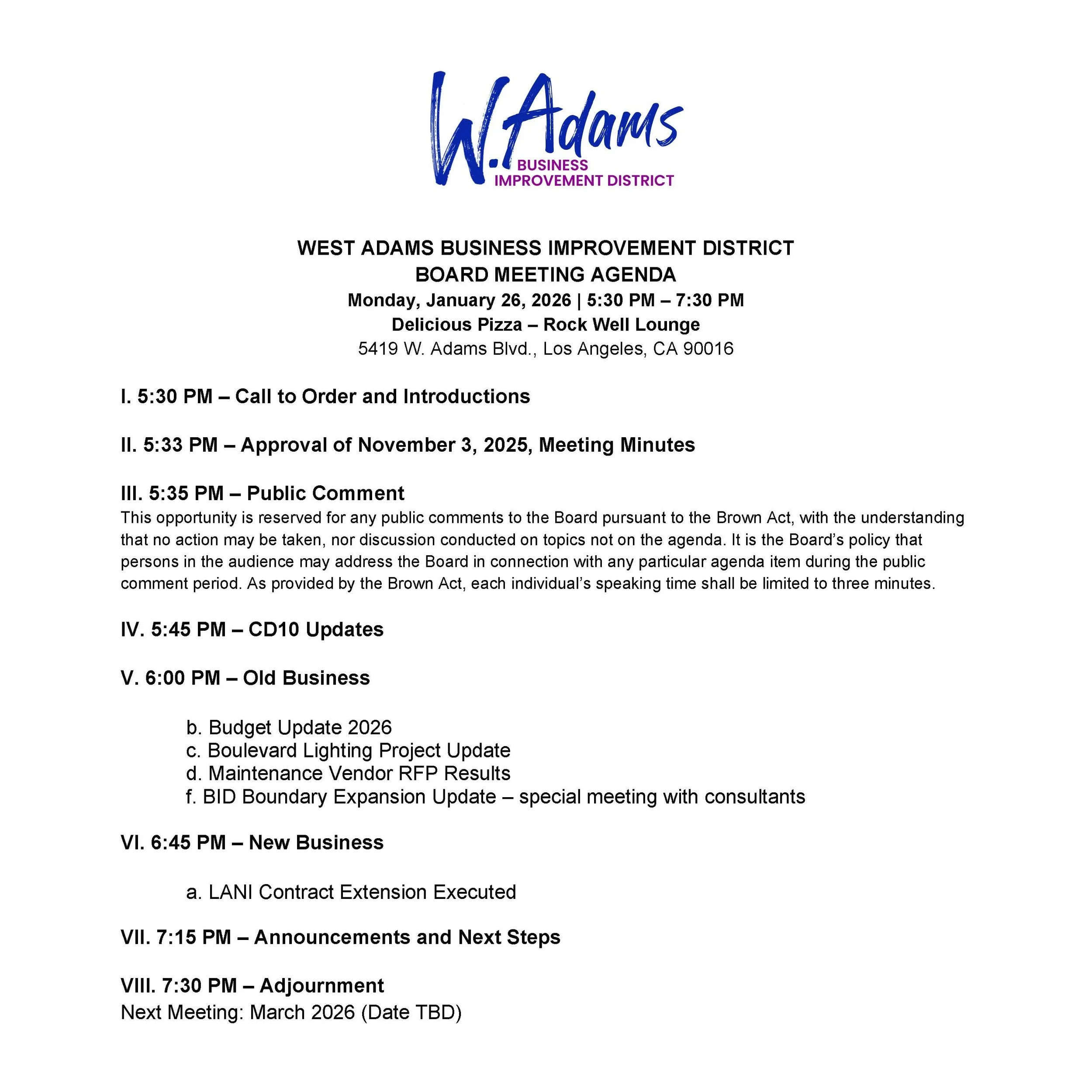 West Adams BID Board Meeting