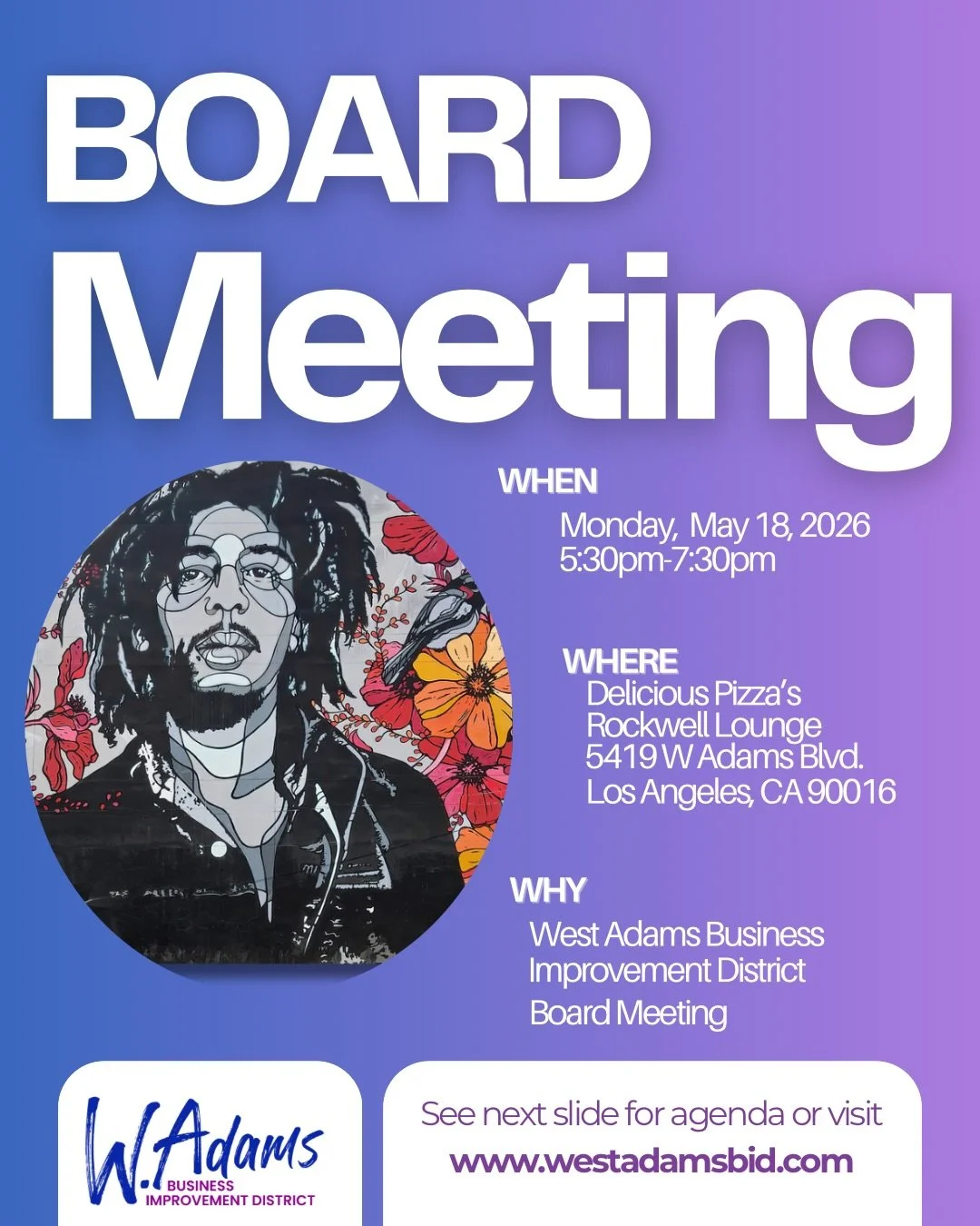 Join us this Monday for the West Adams BID Board Meeting 🤝✨

Your voice matters &mdash; come stay informed, connected, and involved in what&rsquo;s next for the neighborhood. 🗣️

📍 Delicious Pizza&rsquo;s Rockwell Lounge
⏰ Monday | 5:30PM&ndash;7: