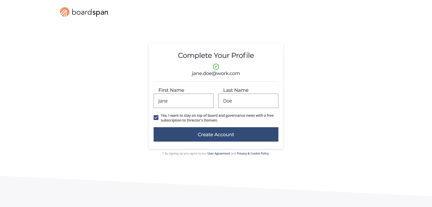 Complete Profile - Note: Provisioned user data is pre-populated with Client Solutions input