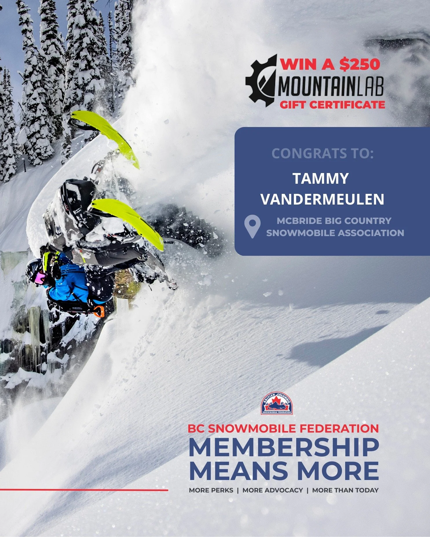 🎉 WE HAVE A WINNER 🎉 Congratulations to Tammy Vandermeulen from the  McBride Big Country Snowmobile Association &mdash; the winner of $250 in @mountainlabgear ! 🙌

By purchasing her snowmobile club membership, Tammy is supporting groomed trails, m