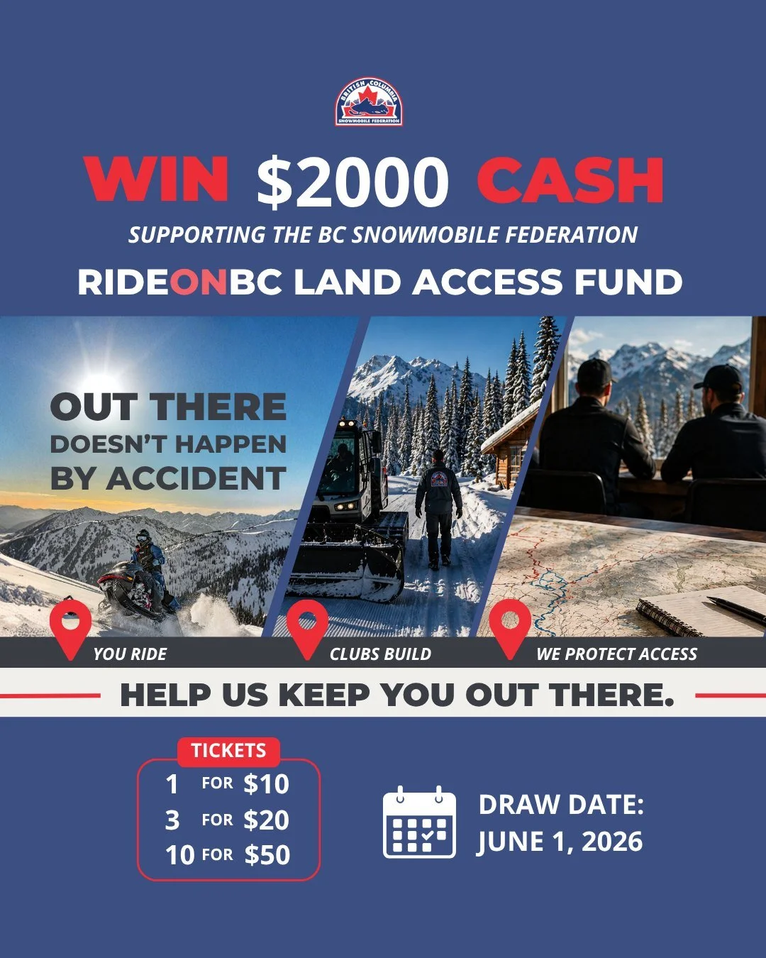 🚨 WIN $2,000 CASH.

Just 10 days left to get your tickets for the RideOnBC Land Access Fund raffle.

Every ticket helps support the work protecting snowmobiling access in BC.

Share this post with your riding crew and help keep BC riders on the snow