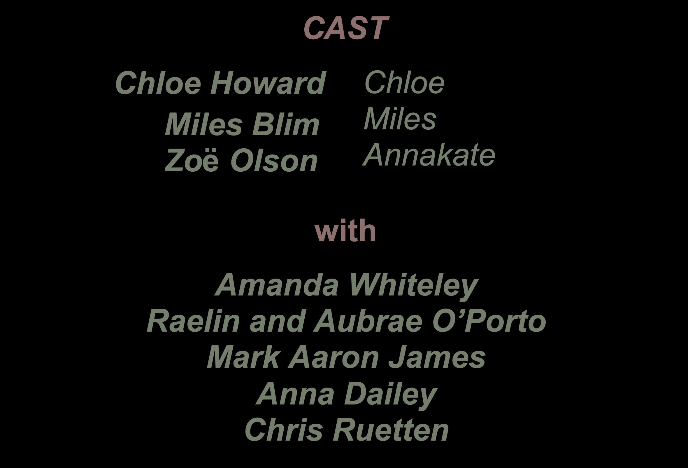 Cast Chloe Chloe Howard  Miles Miles Blim  Annakate Zoë Olson   With Amanda Whiteley Raelin and Aubrae O’Porto Mark Aaron James Anna Dailey Chris Ruetten