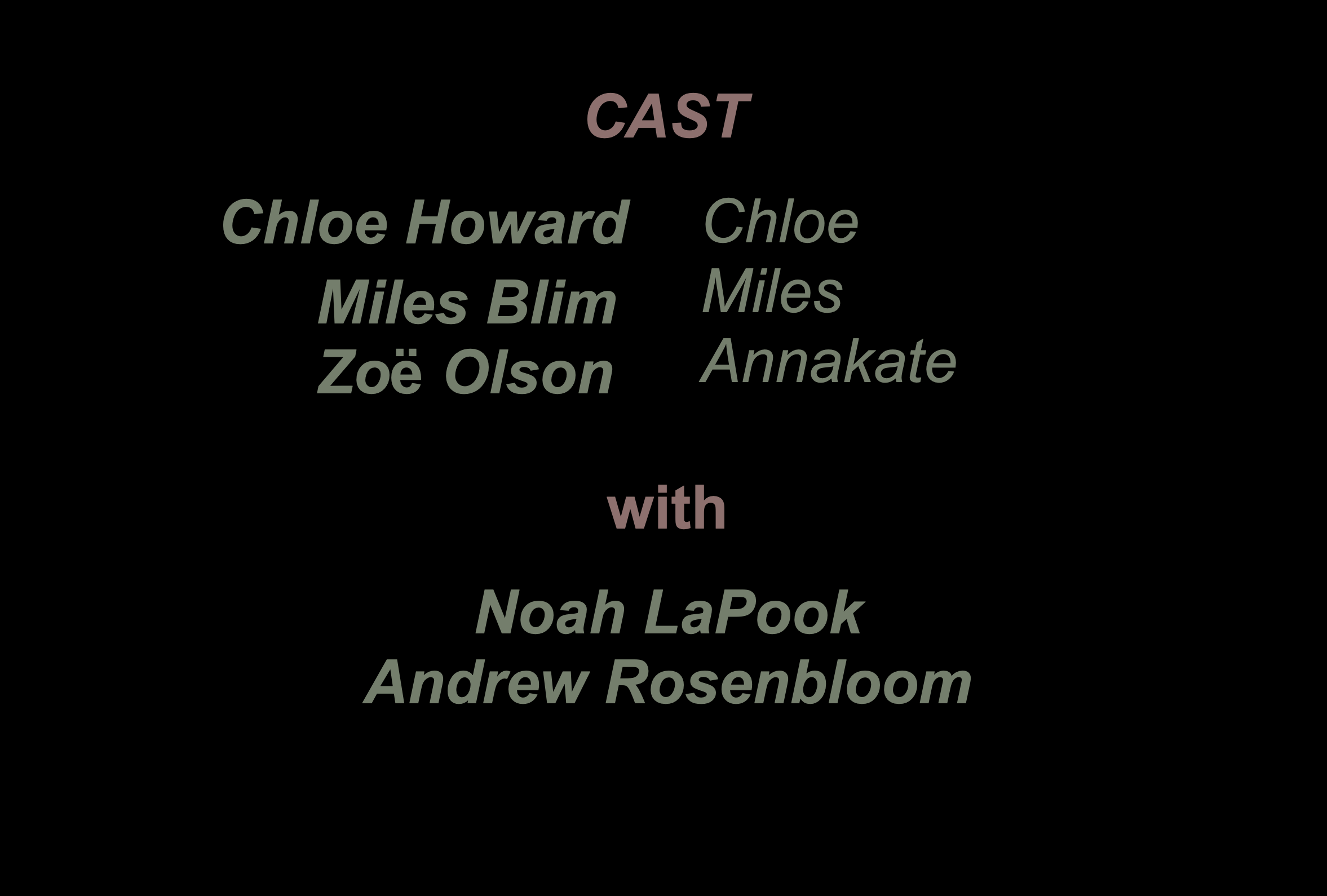 Cast Chloe Chloe Howard  Miles Miles Blim  Annakate Zoë Olson  With Noah LaPook Andrew Rosenbloom